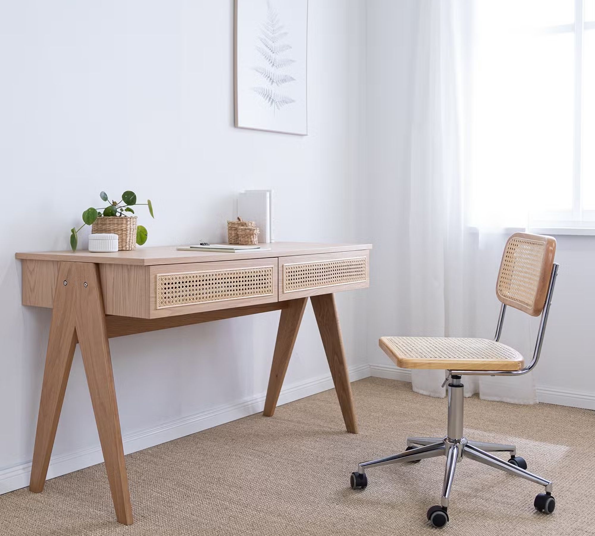 Ramon Bürostuhl Rattan Buche Massiv Beige