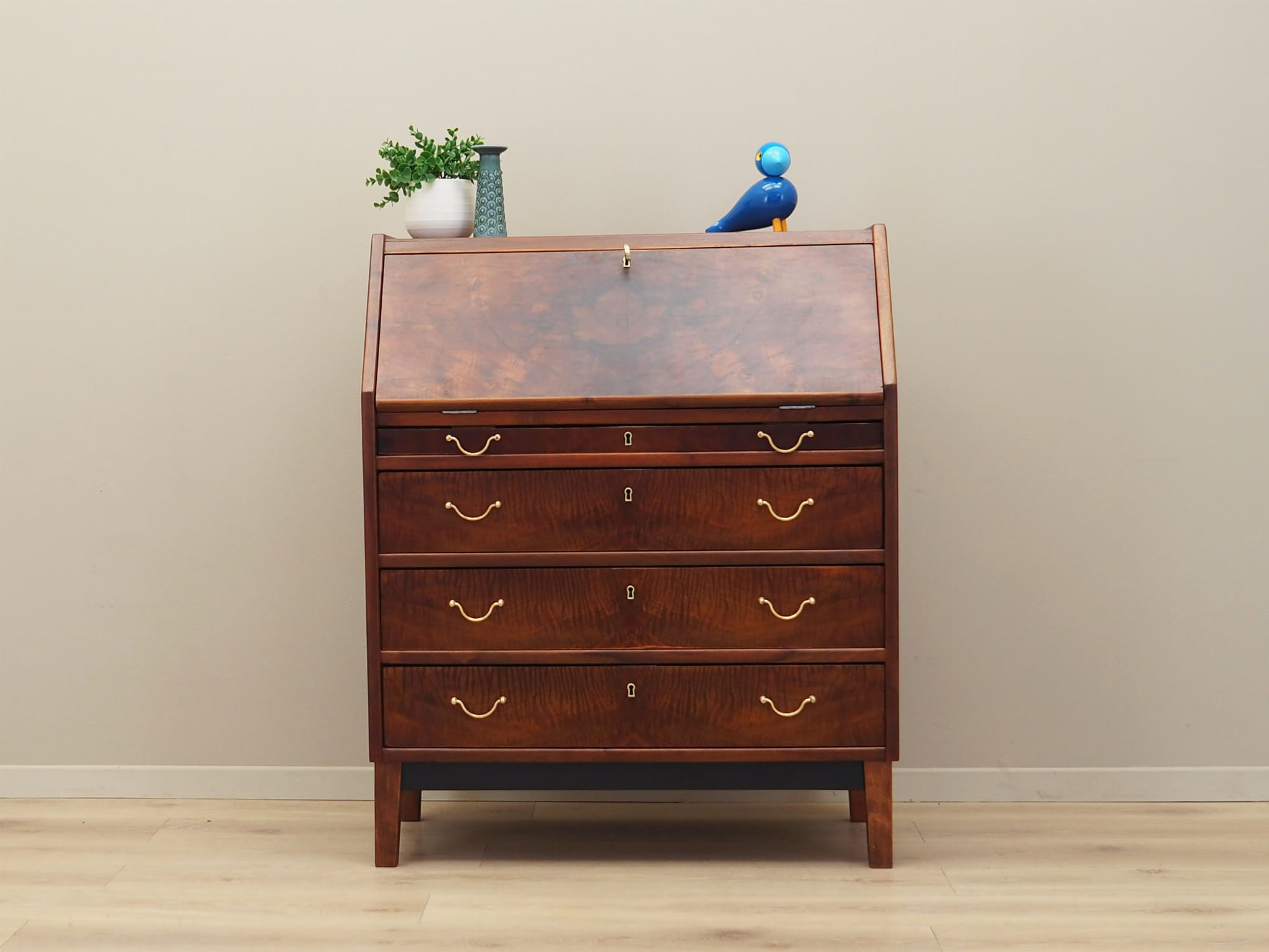Vintage secretary desk, walnut wood, brown, 1960s