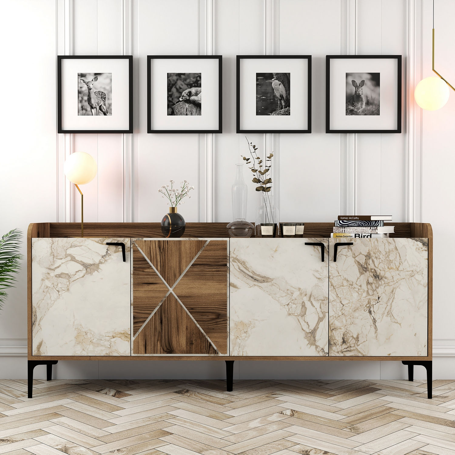 Venedik Sideboard Walnussbraun Marmoroptik Weiß