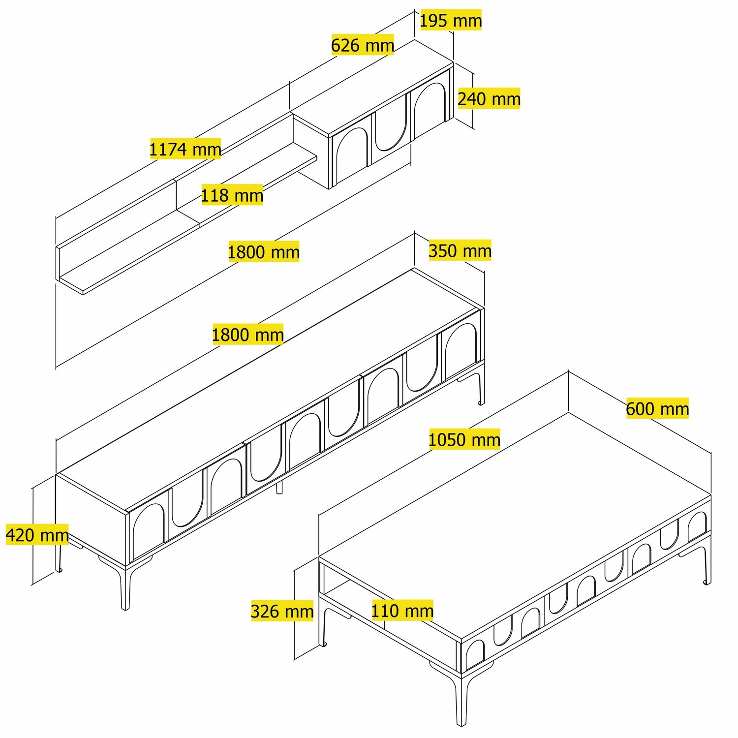 Lyon 3 Living room furniture set Wood veneer Atlas Black