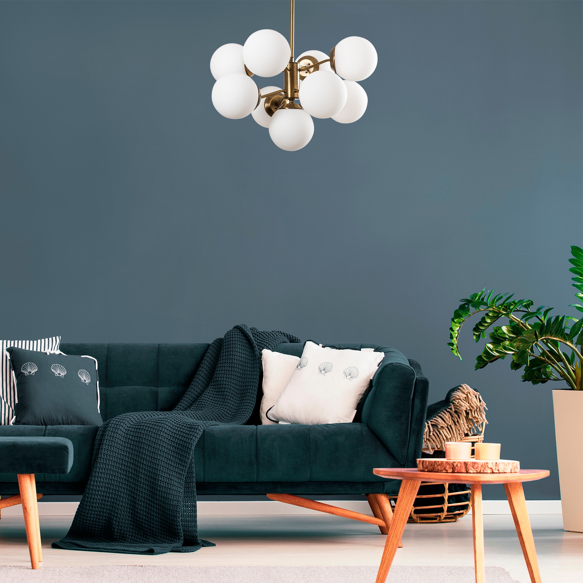 Lampada a sospensione vintage con 9 elementi in vetro bianco oro