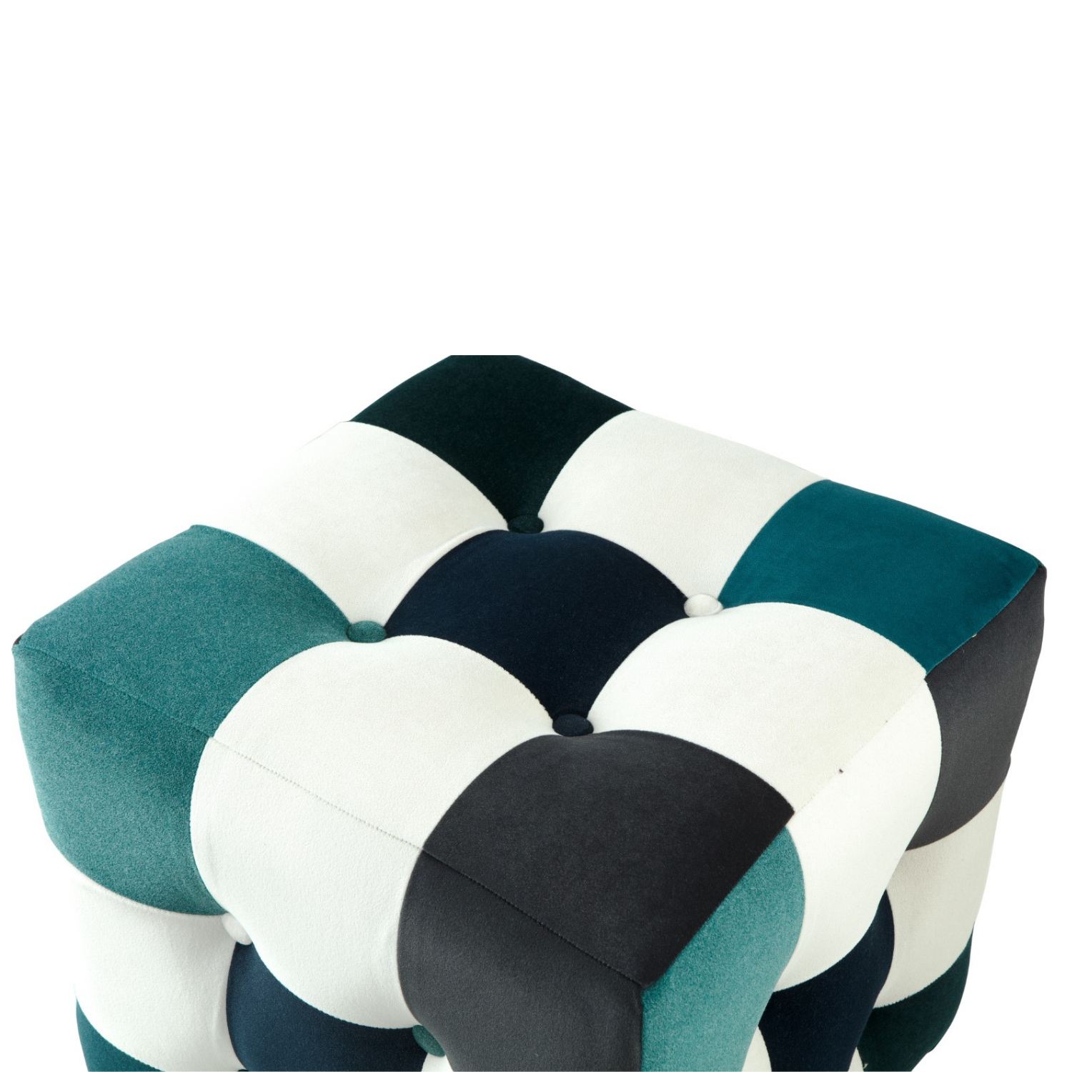 Patchwork Pouf Velluto Bianco Blu