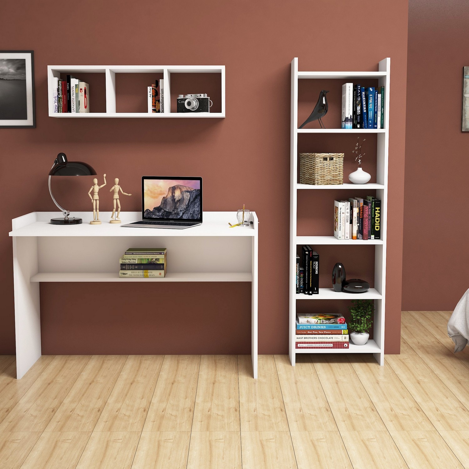 Hera Desk & Bookshelf Wood Veneer White