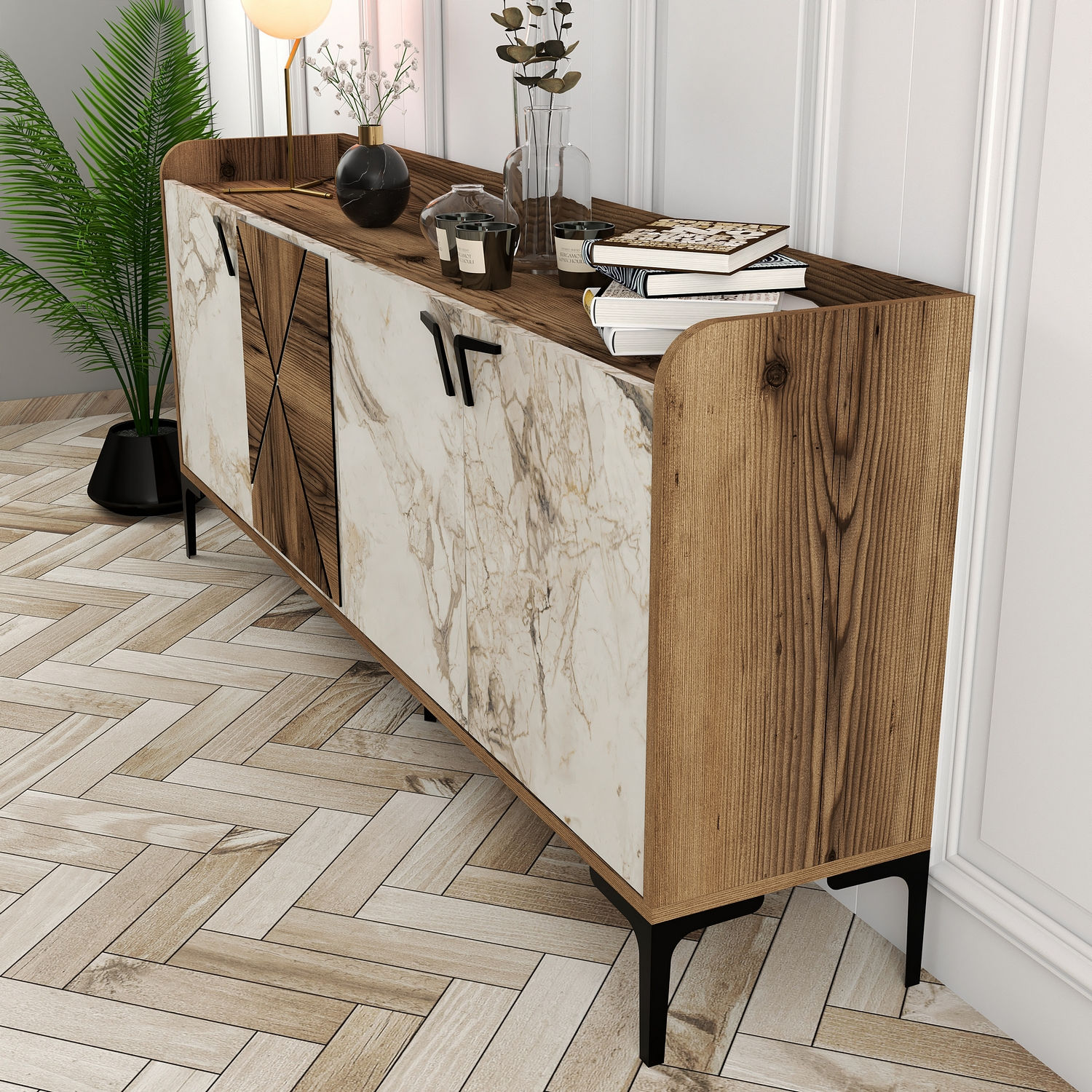 Venedik Sideboard Walnussbraun Marmoroptik Weiß