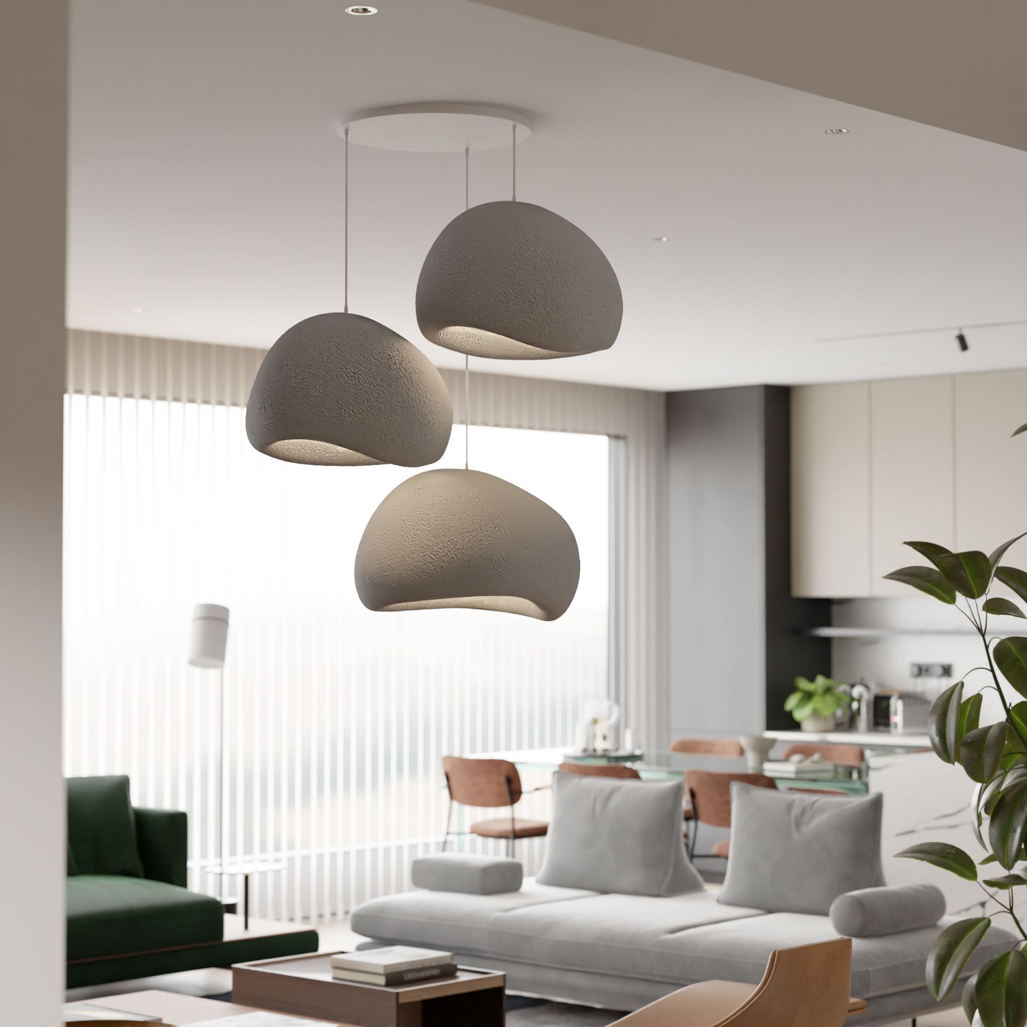 3-Flammig Wabi Sabi Claylights Pendelleuchte Beton Grau