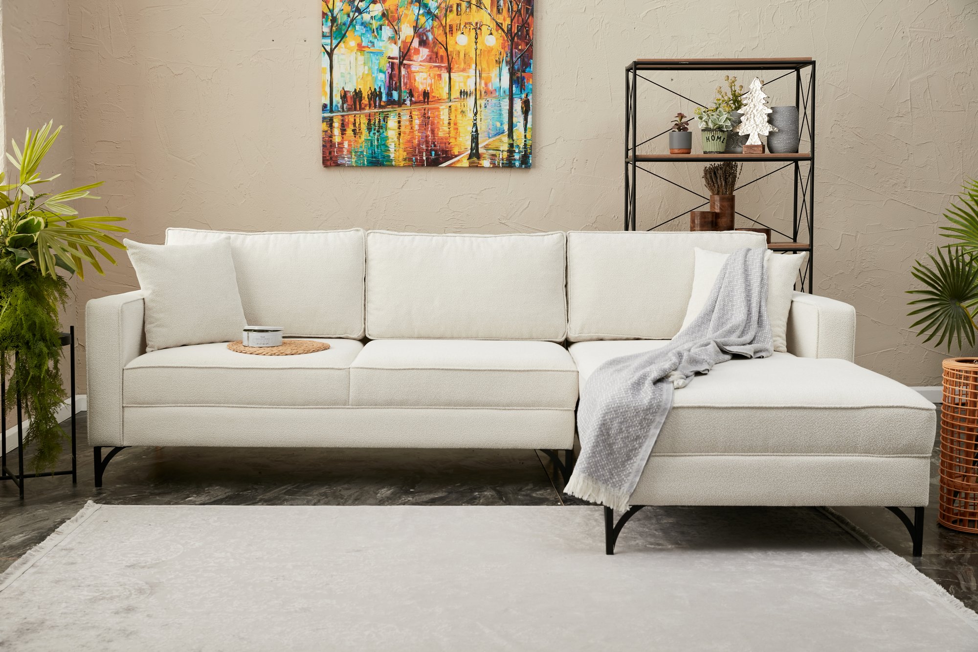 Lima Sofa Récamiere Rechts Creme mit schwarzen Beinen