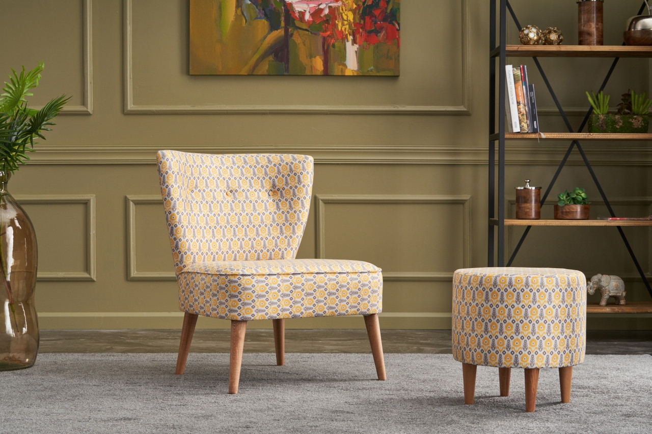 Ohrensessel Textil Holzfurnier Gelb Gemustert