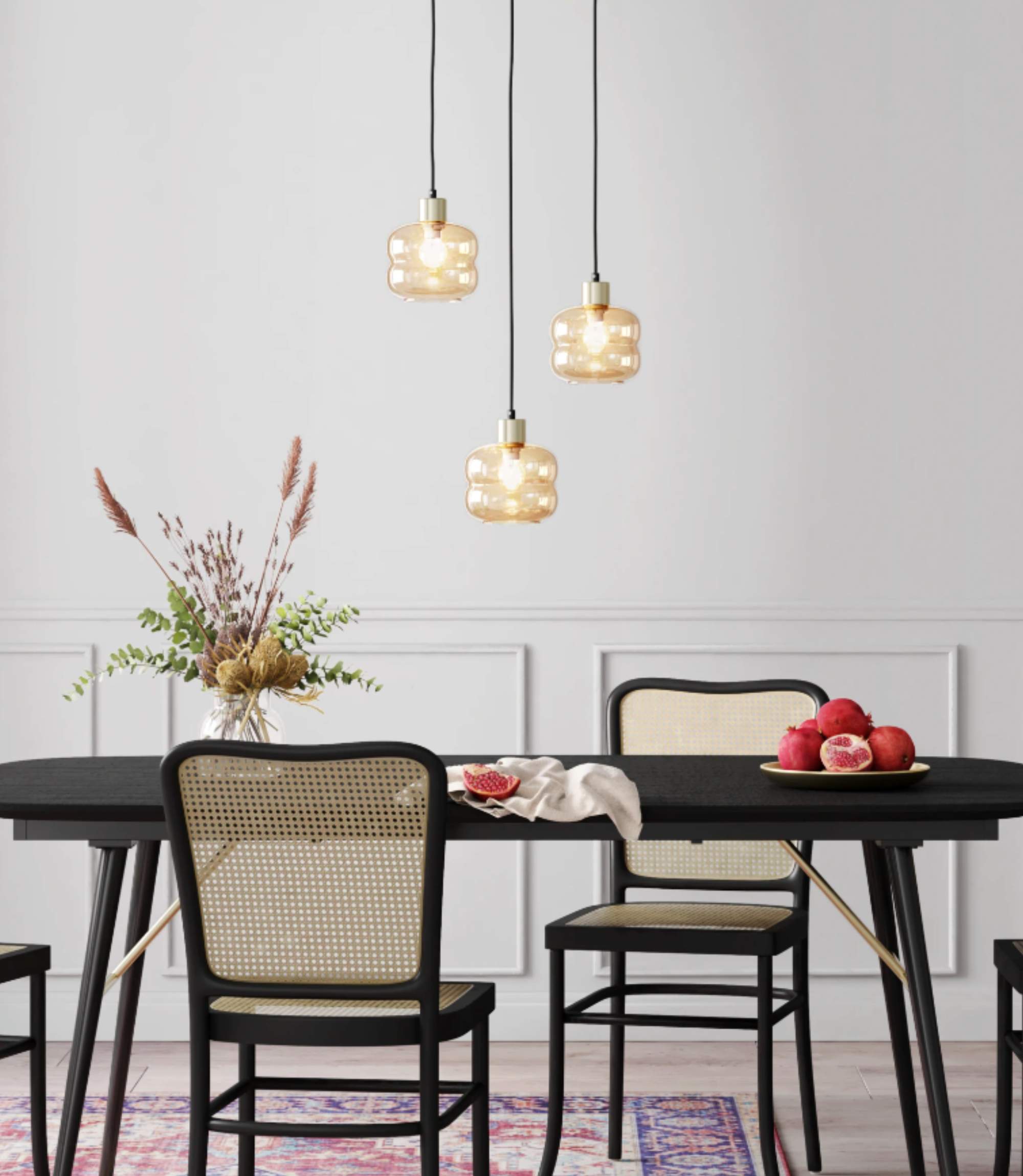 Pendelleuchte 3-flammig Glas Metall Gold