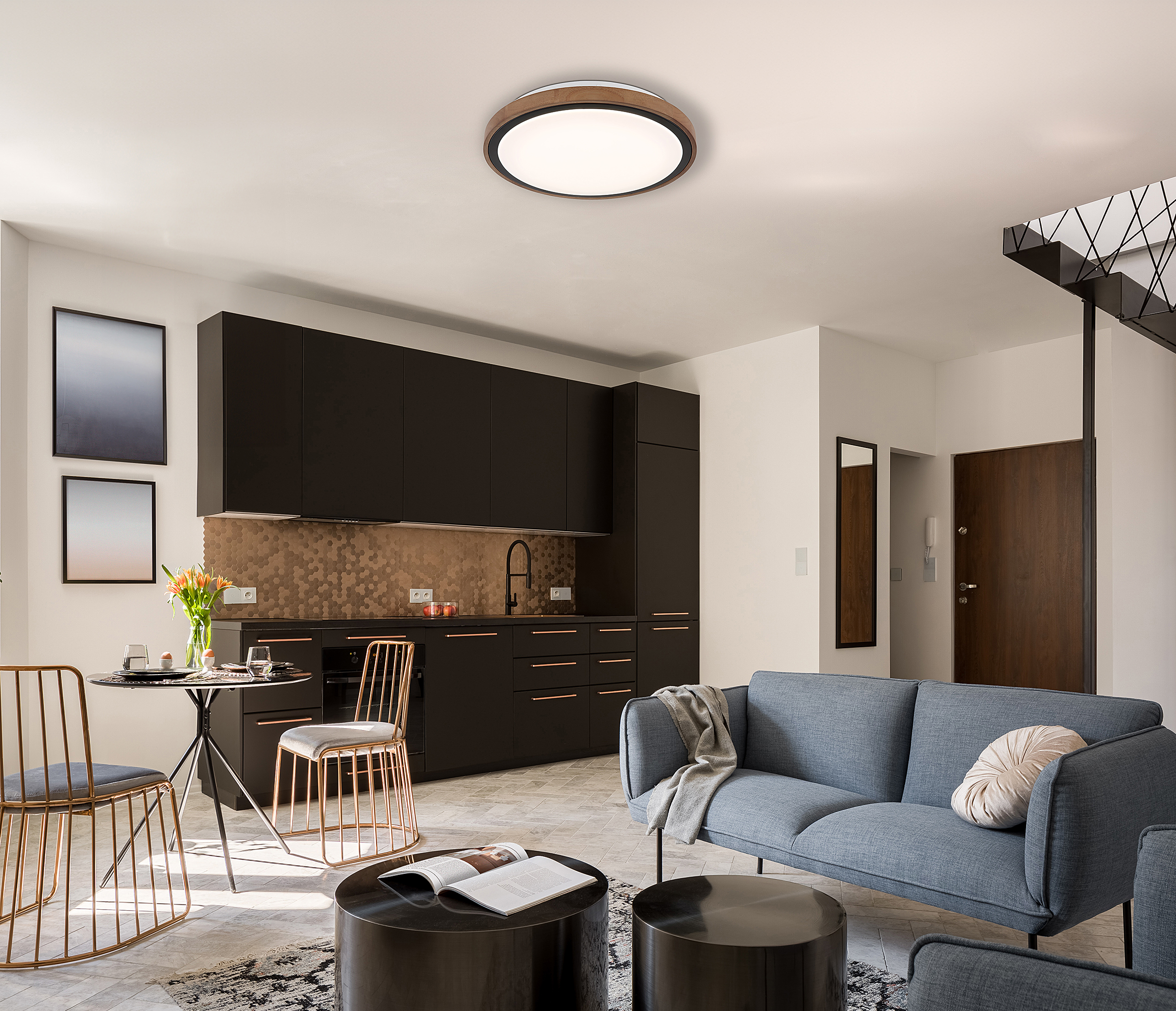 Bruno LED ceiling light 1-bulb acrylic glass solid oak