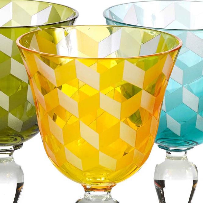6x Blocks Wine glass with diamond cut Multicolored
