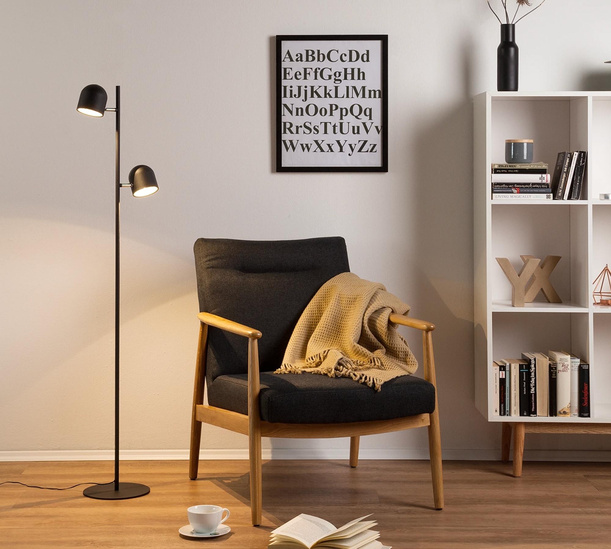 Puristische LED-Stehleuchte 2-Flammig Schwarz Eisen