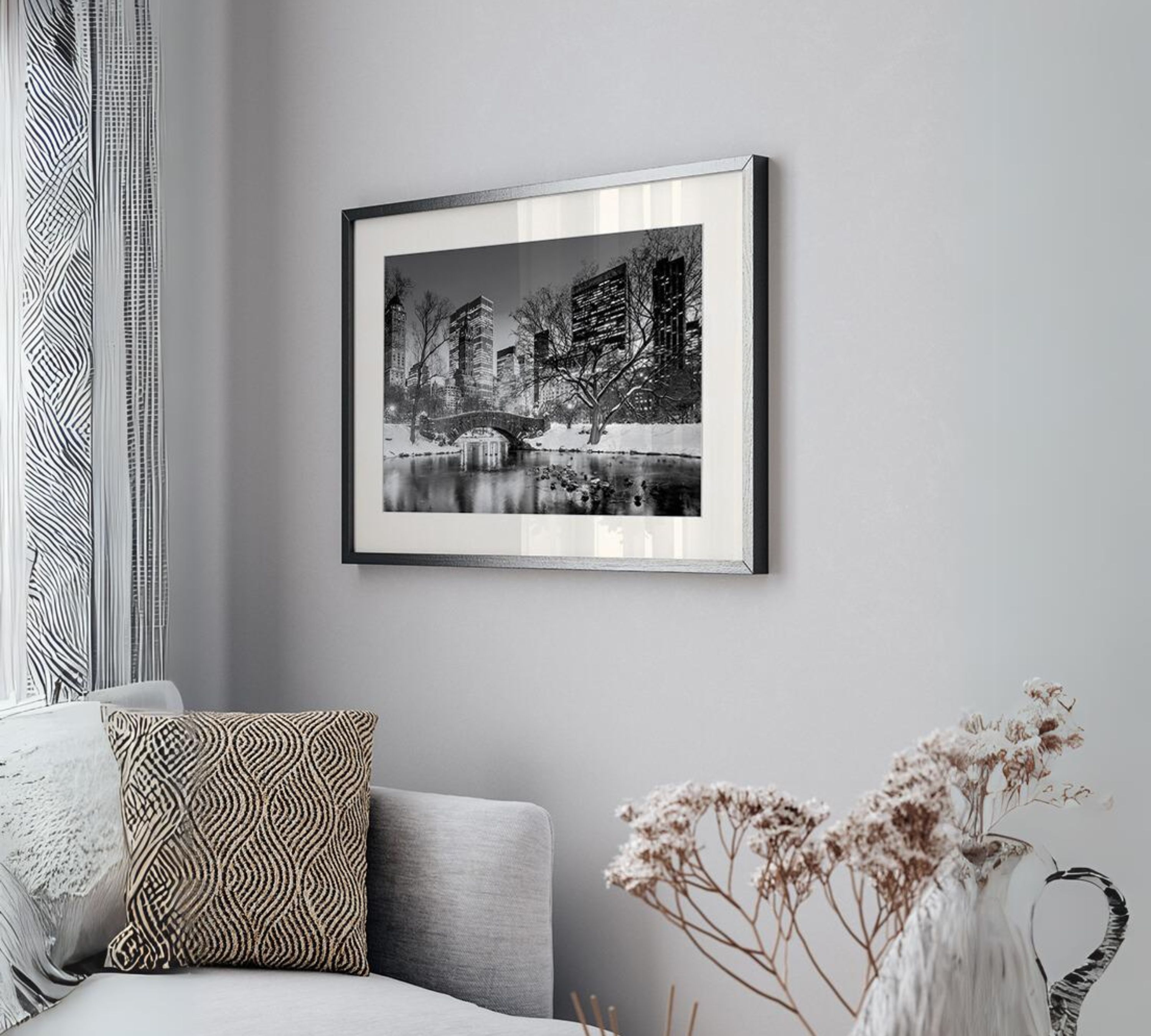 Gapstow Bridge in Winter Art Print with Frame Black and White
