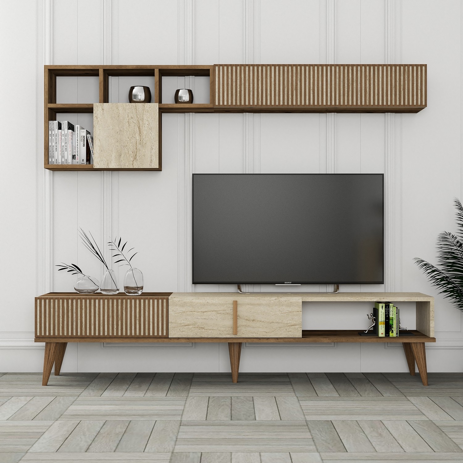 Milan lowboard with wall shelf walnut brown cream
