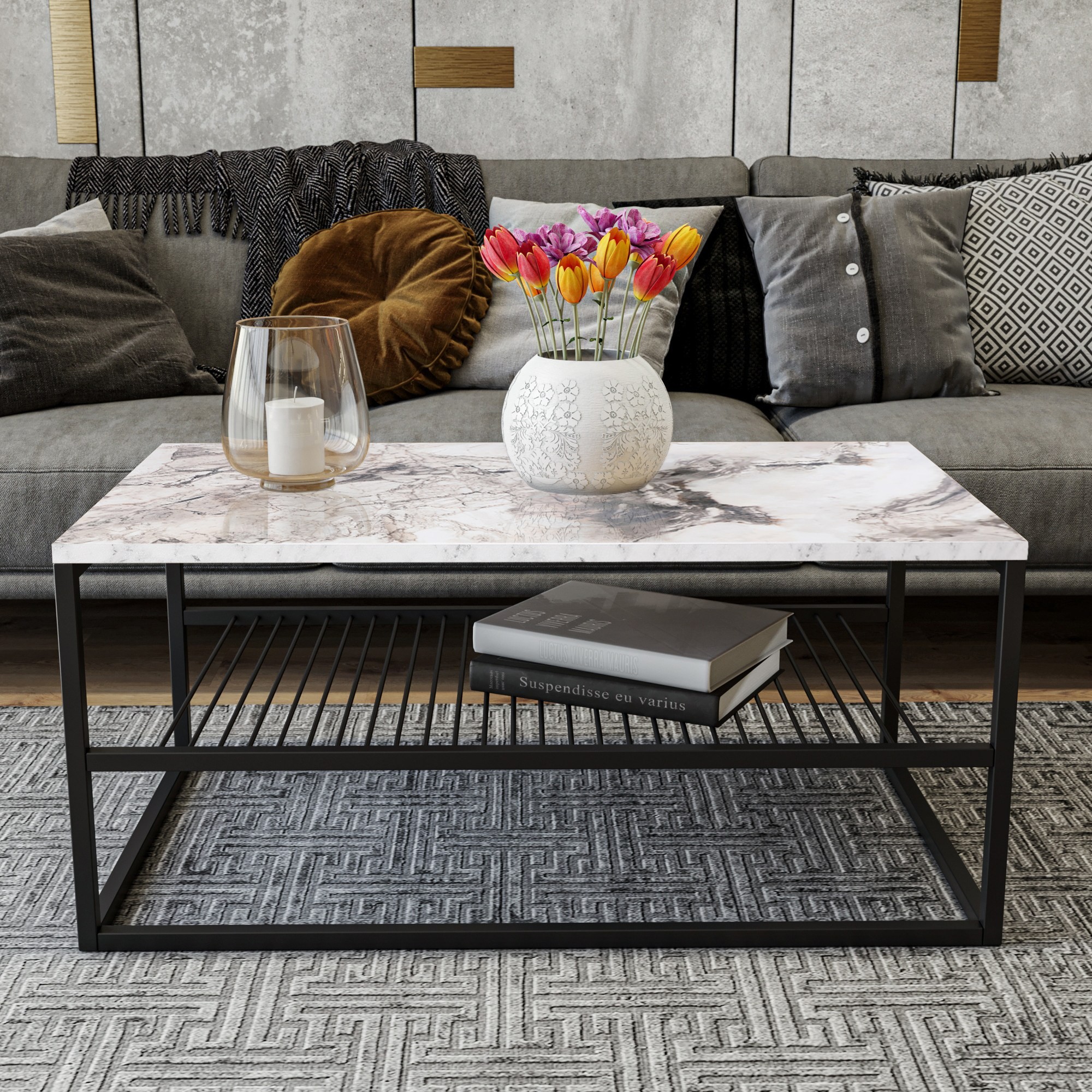 Asude Tavolino impiallacciato Bianco Nero