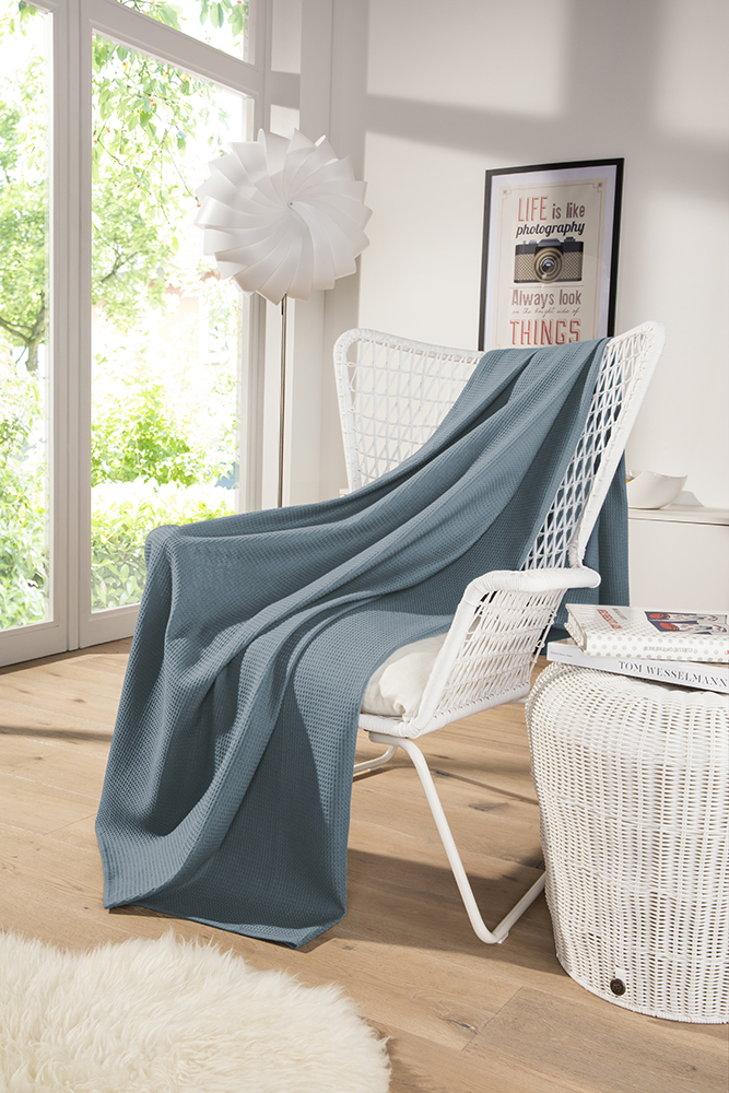 Leichte Decke aus Waffelpiqué 100% Baumwolle Blau Single