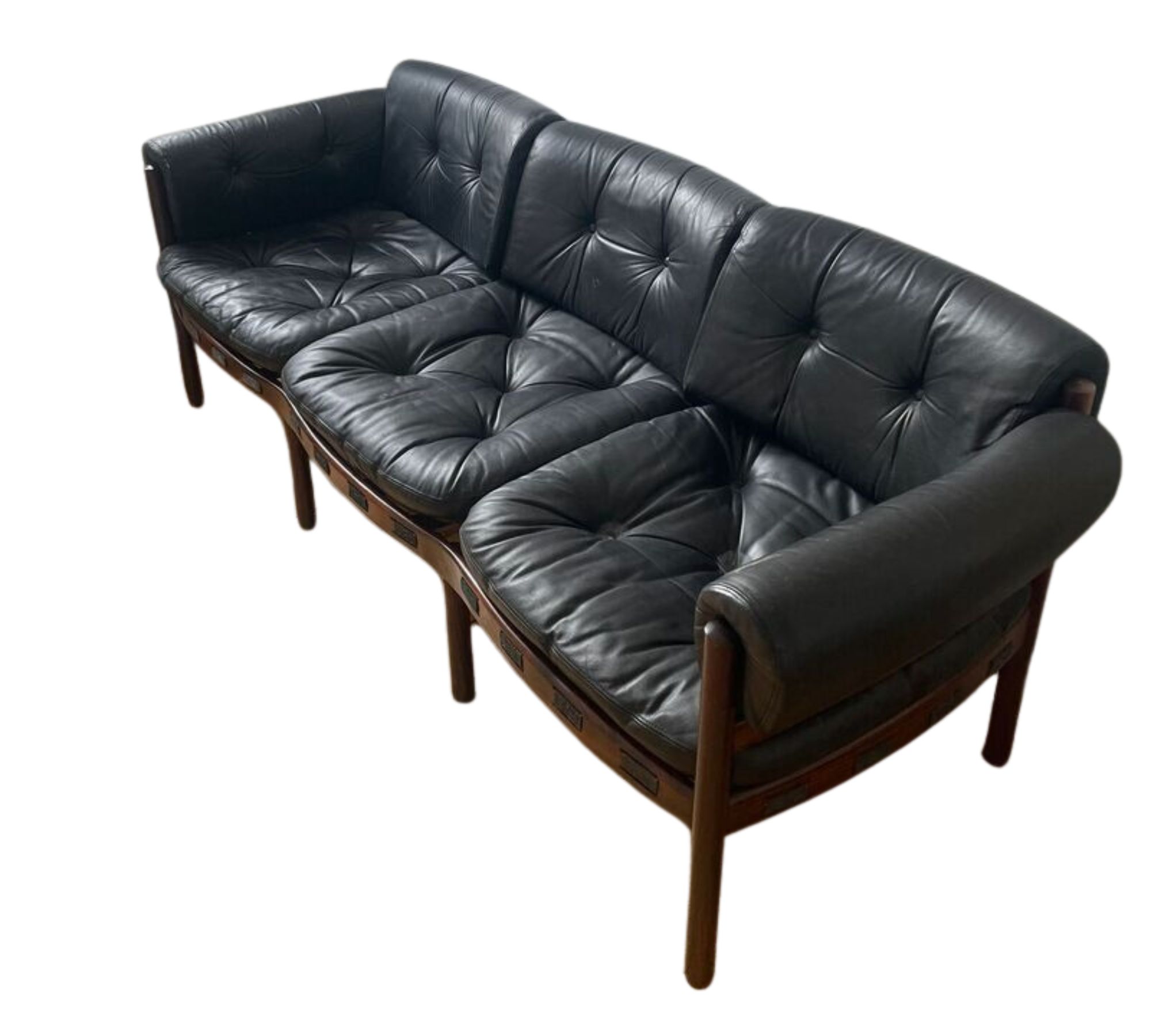 Sofa 3-Sitzer Leder Holz Schwarz 1970er Jahre