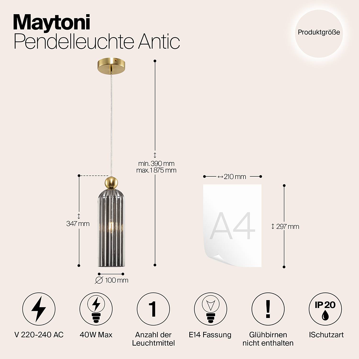 Antic Pendelleuchte Rauchglas Metall 1-flammig