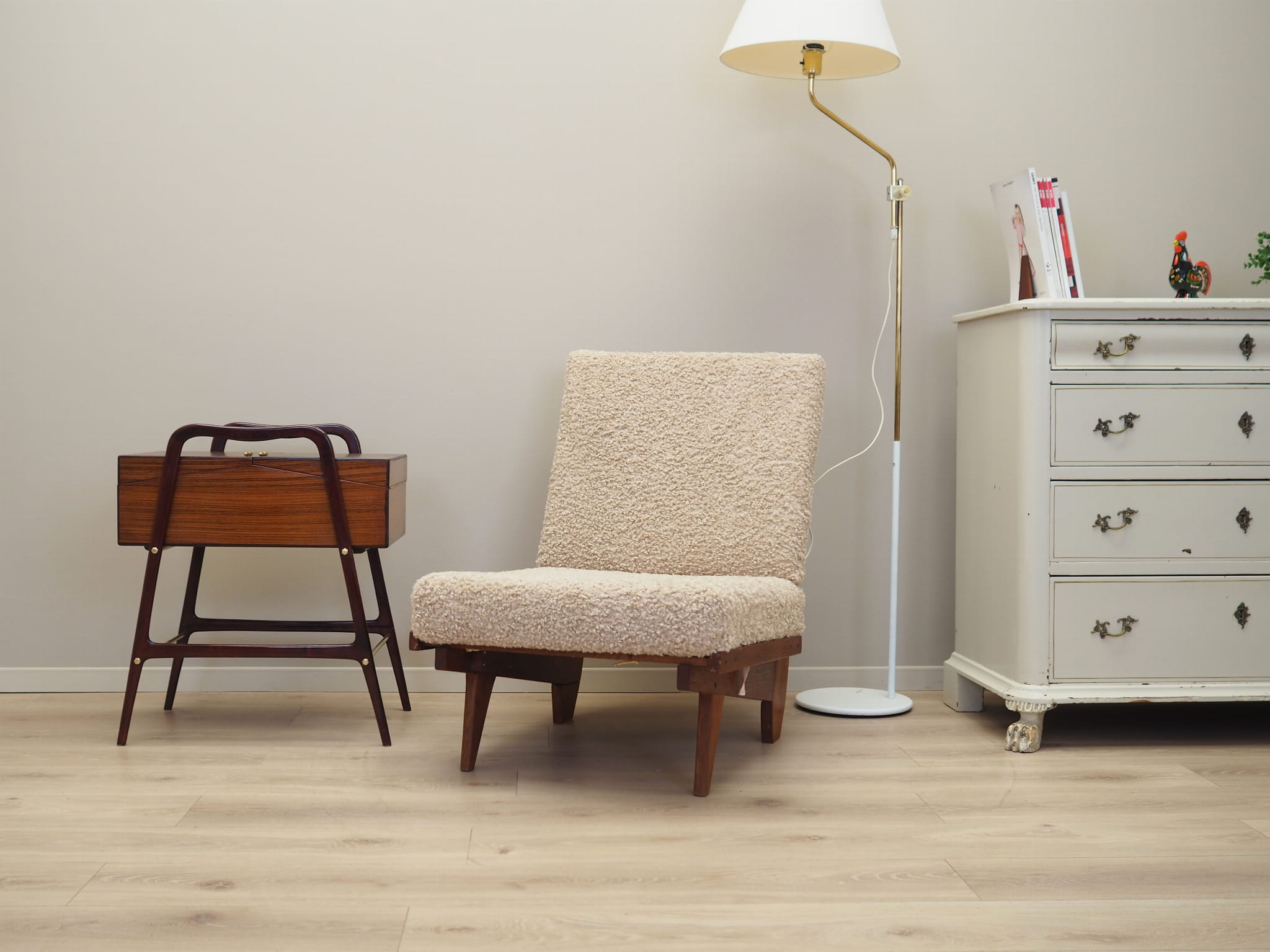Vintage Sessel Textil Holz Weiß 1960er Jahre