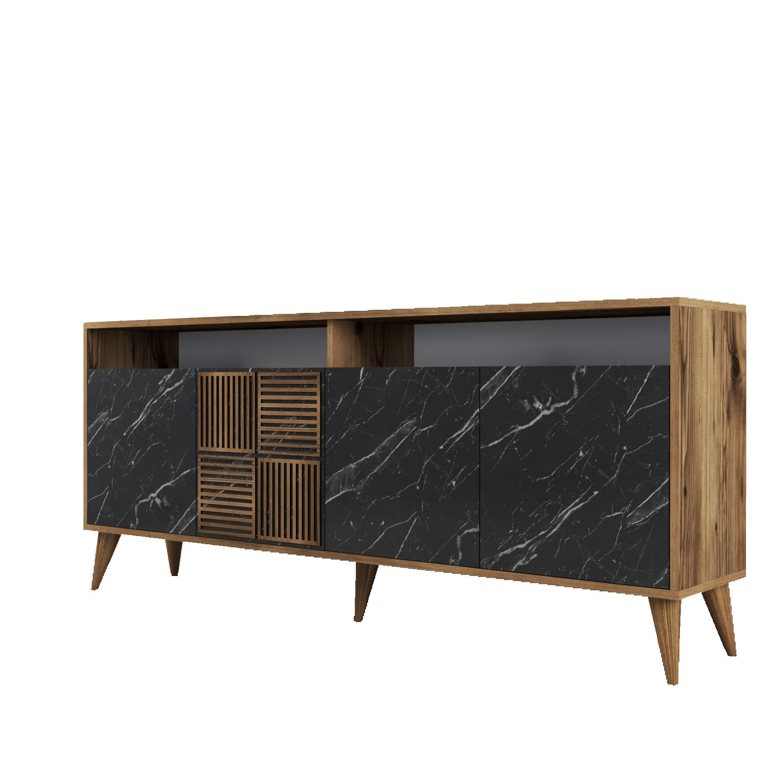 Milan Sideboard Walnussbraun Marmoroptik Schwarz 180cm