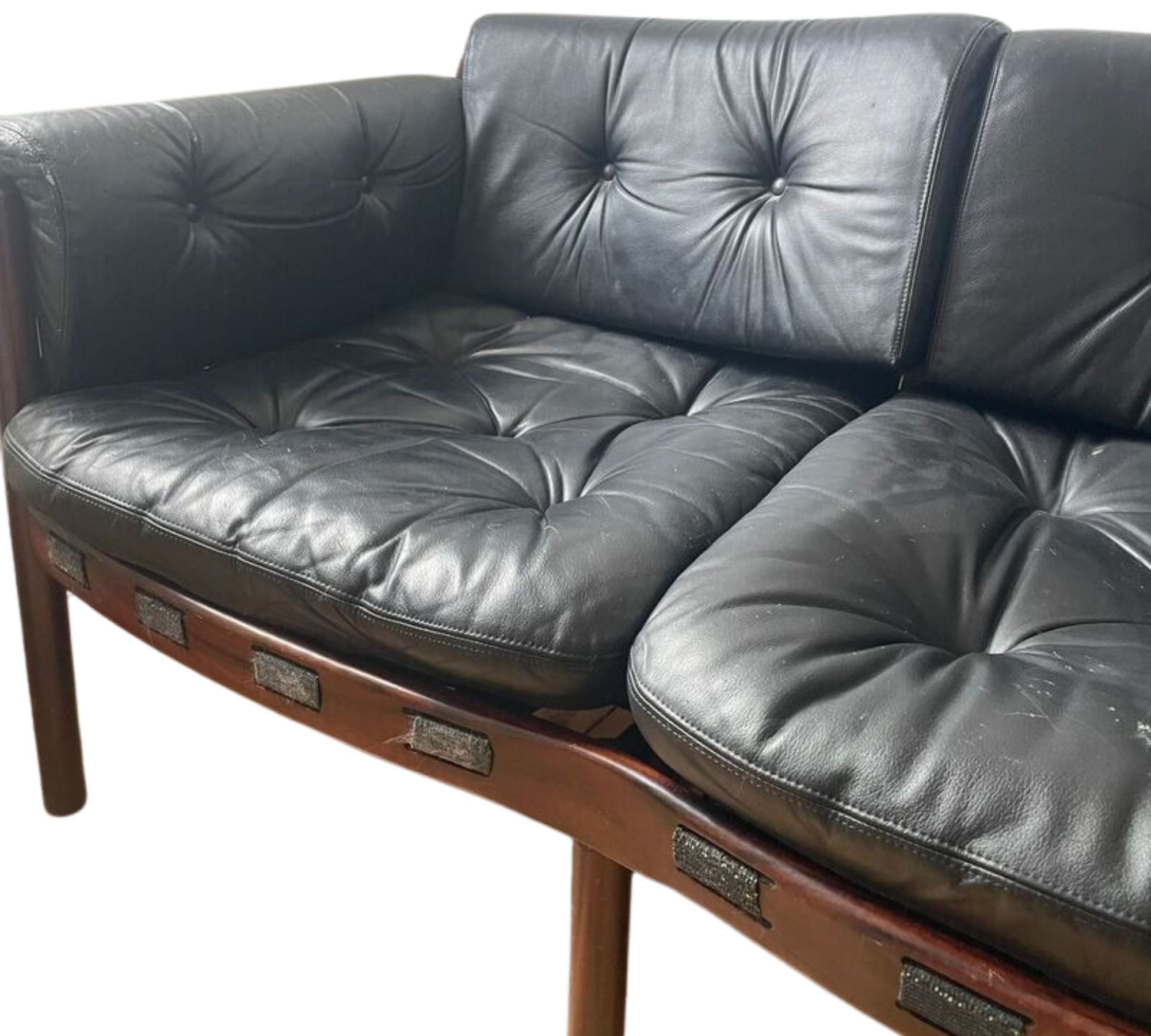 Sofa 3-Sitzer Leder Holz Schwarz 1970er Jahre