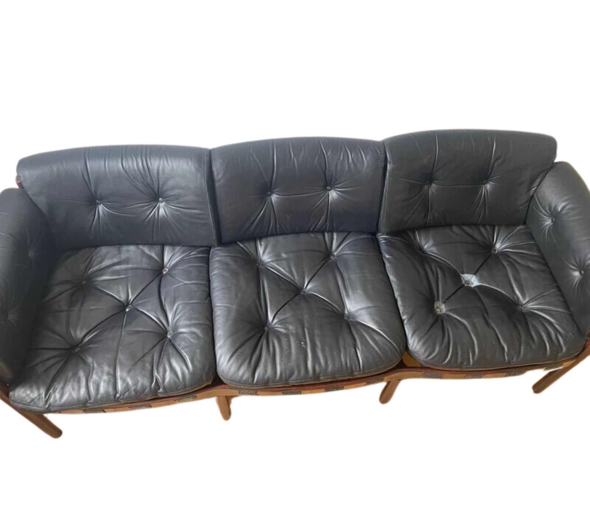 Sofa 3-Sitzer Leder Holz Schwarz 1970er Jahre