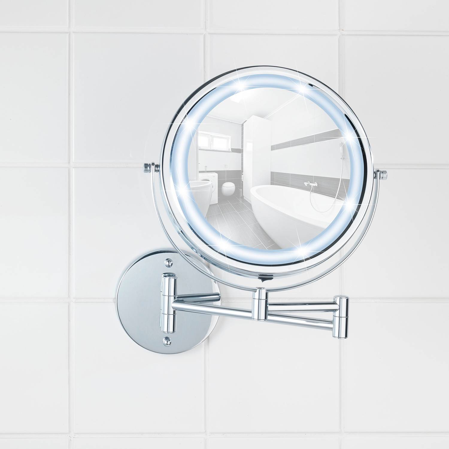Power-Loc LED Wandspiegel Lumi Silber Stahl Spiegelglas