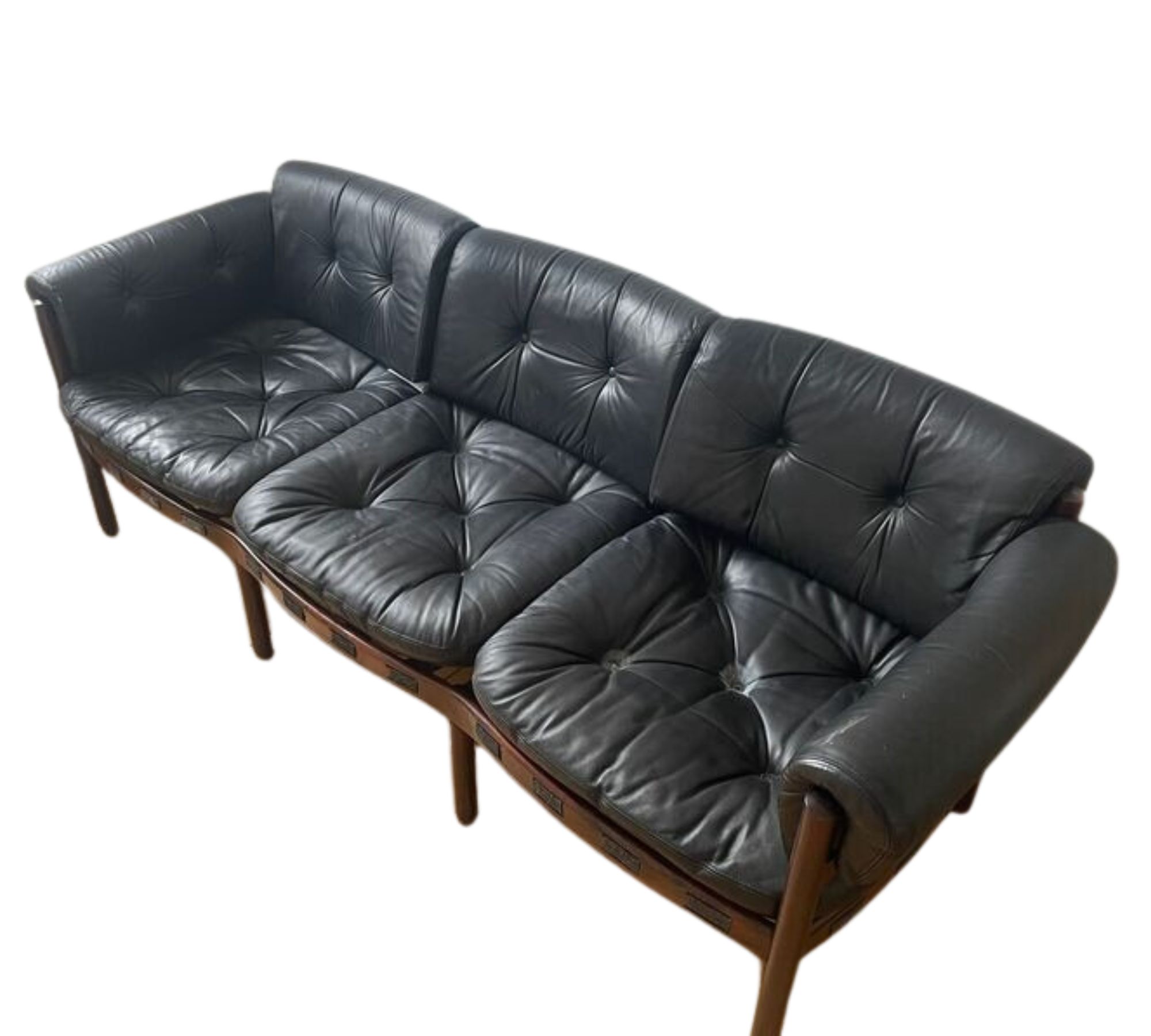 Sofa 3-Sitzer Leder Holz Schwarz 1970er Jahre