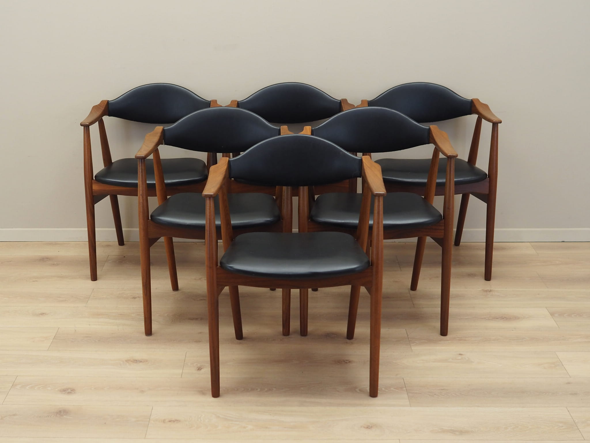 6x Chair Teak Wood Leather Black 1970s