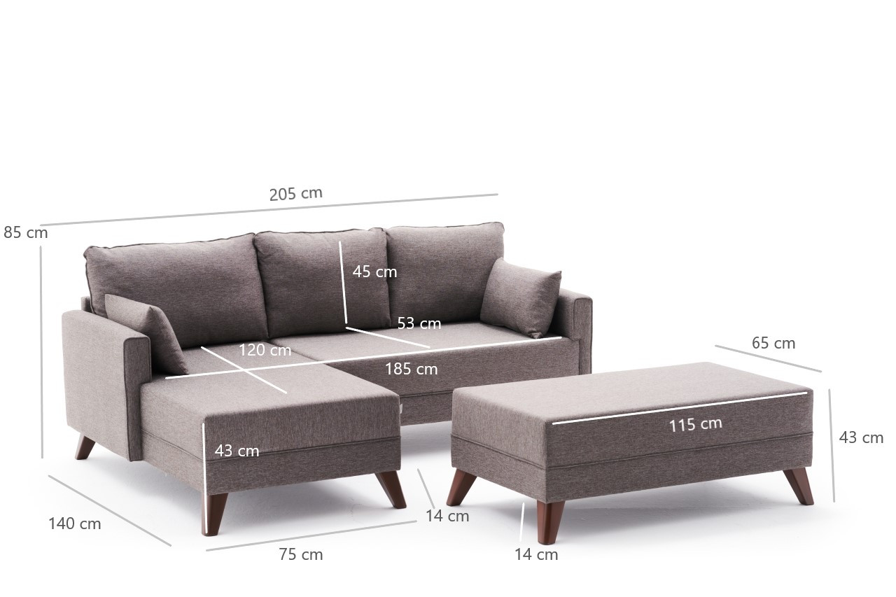 Bella Sofa Récamiere Links mit Hocker Braun