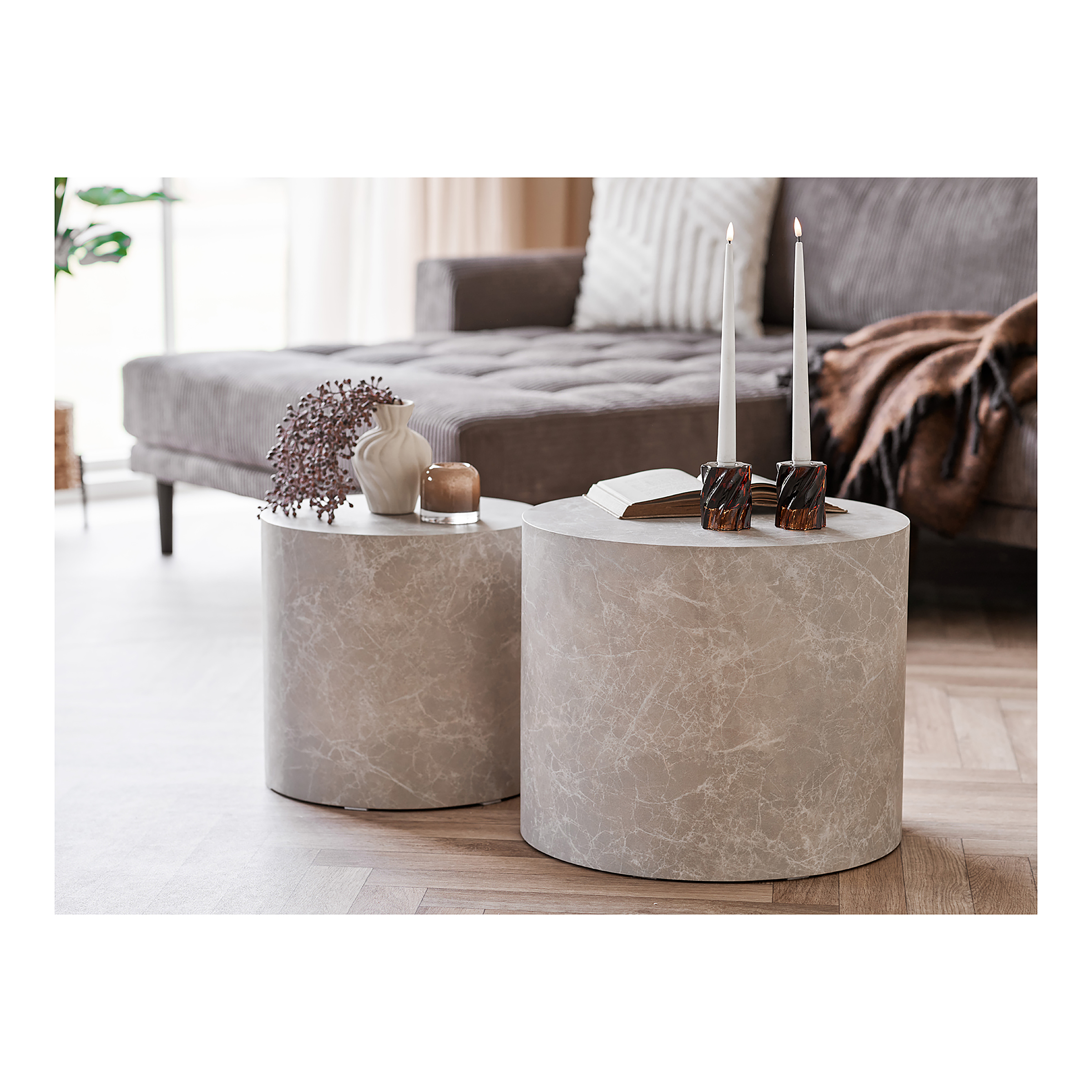 2x Couchtisch Altizer Rund Marmor Beige Dekor