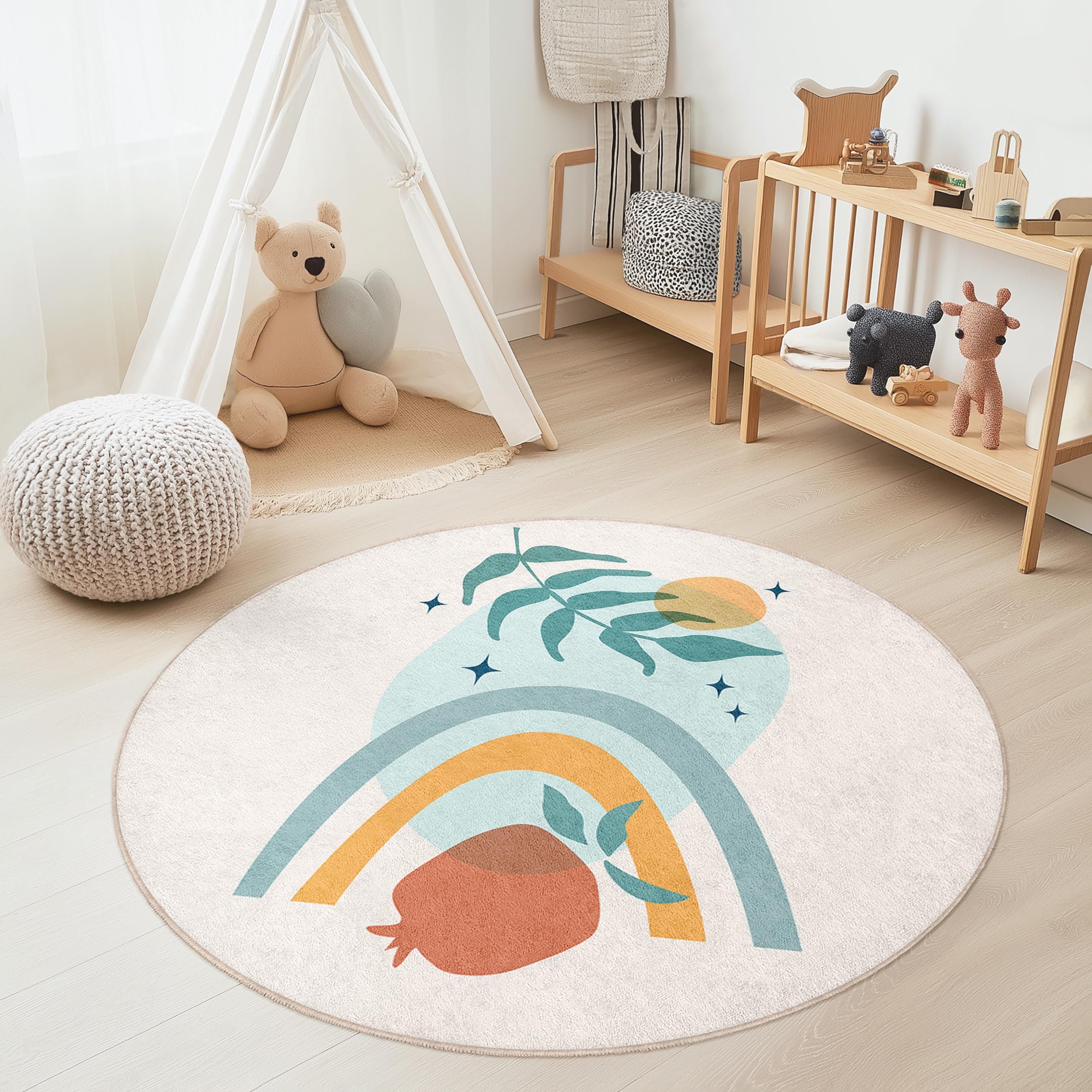 Regenbogen und Blatt Kinderteppich Mehrfarbig Ø120cm