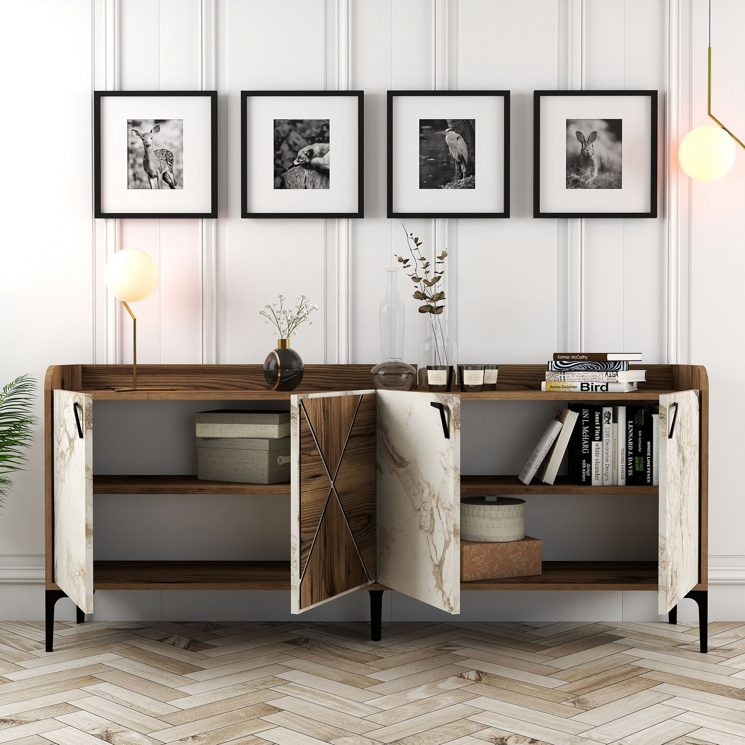 Venedik Sideboard Walnussbraun Marmoroptik Weiß