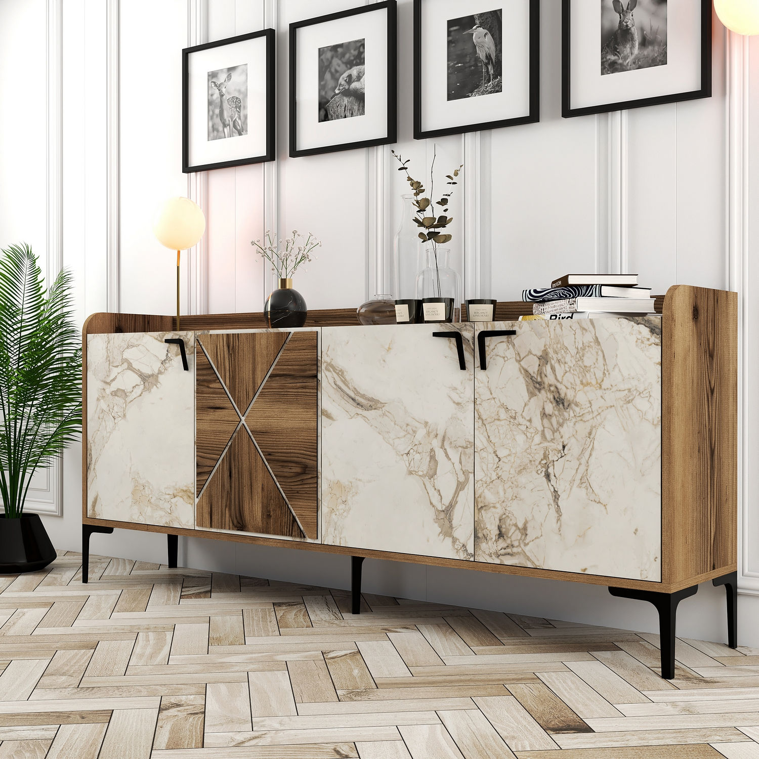 Venedik Sideboard Walnussbraun Marmoroptik Weiß