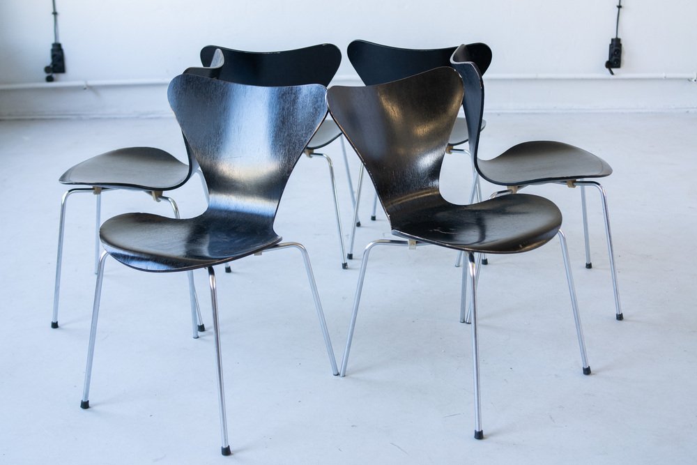 6x Vintage Arne Jacobsen Serie 7 Stuhl Holz Stahl Schwarz