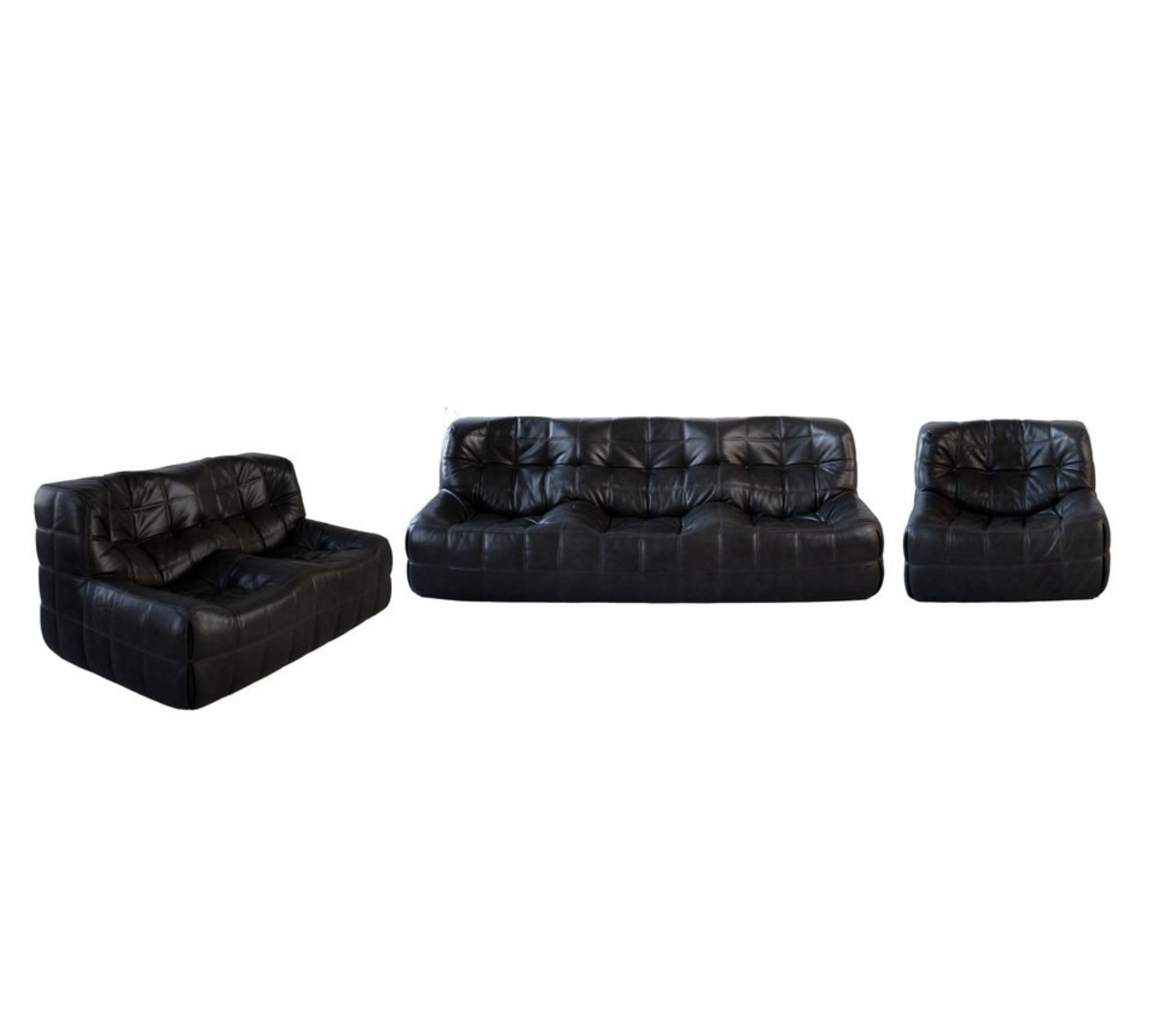 Vintage Michel Ducaroy Kashima Sofa-Set Leder Schwarz 3-tlg