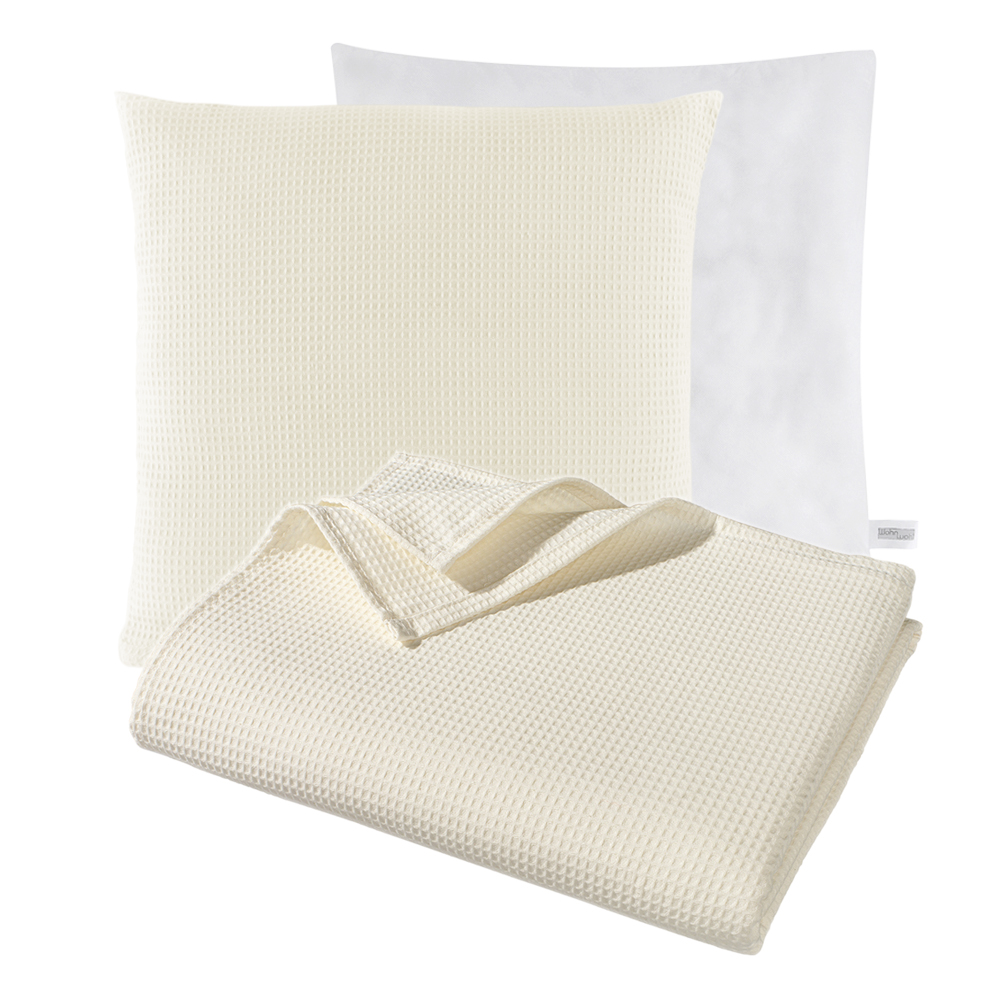 Kissen und Decken Set aus Waffelpiqué 100% Baumwolle Creme