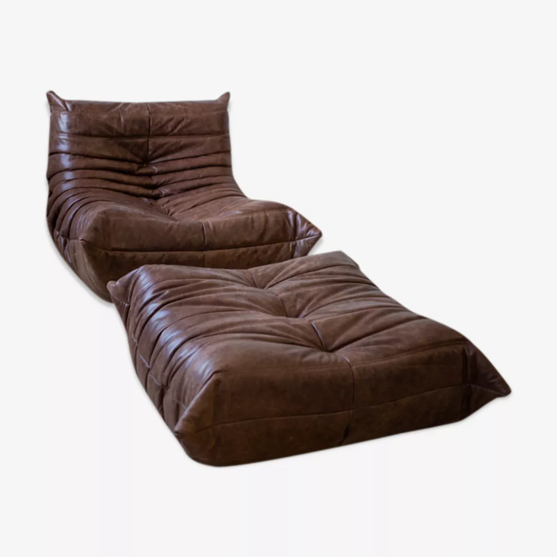 Togo Armchair and Ottoman Set Pull-Up Leather Walnut Brown