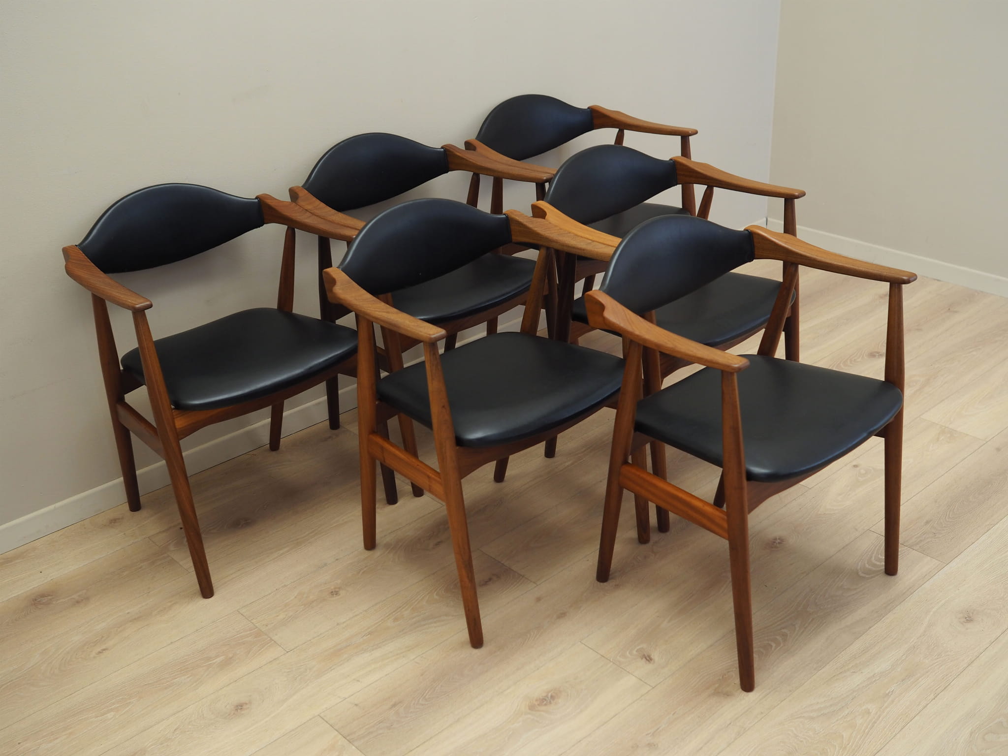 6x Chair Teak Wood Leather Black 1970s