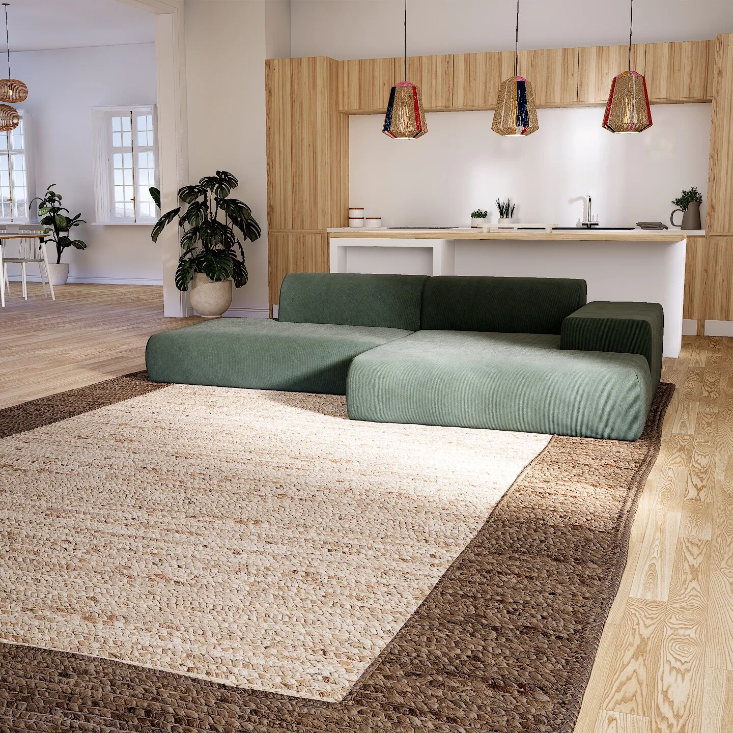 Pyllow Ecksofa Feiner Cord Waldgrün