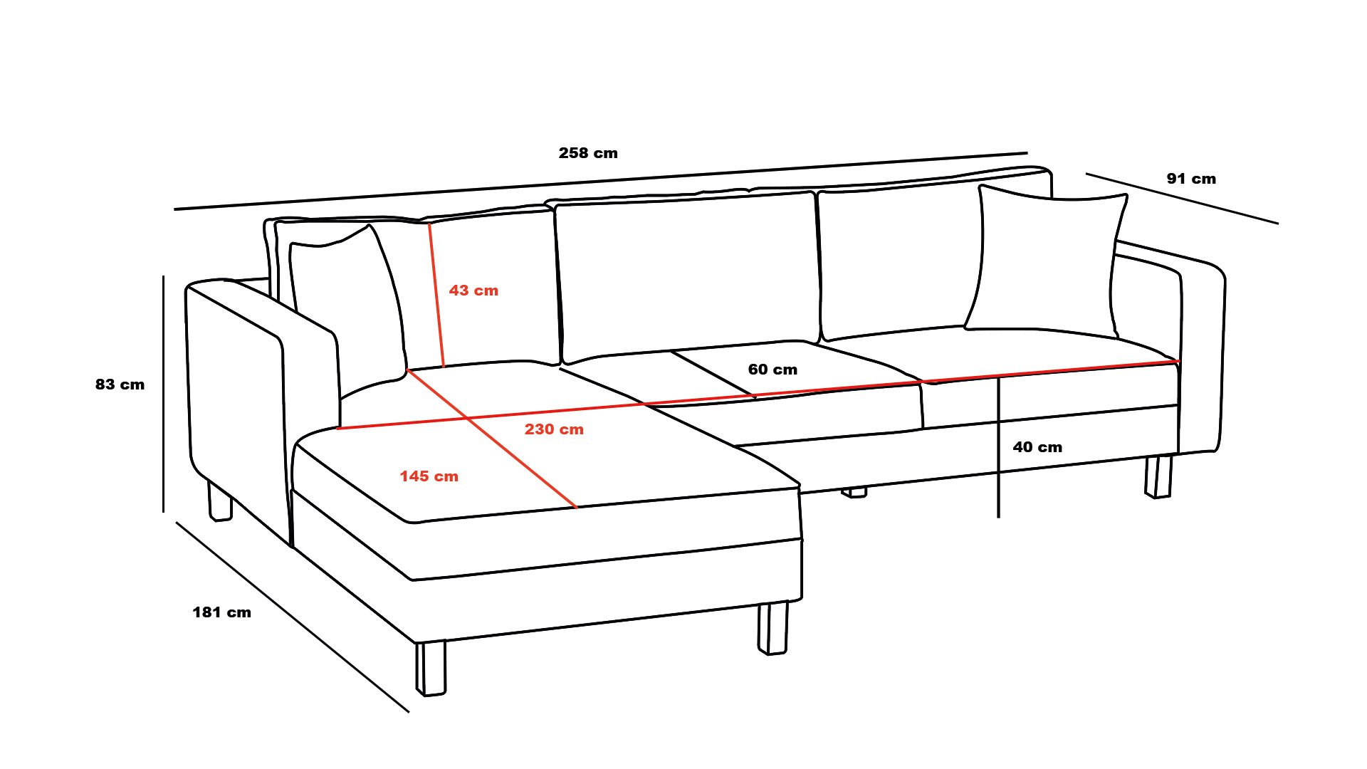 Lima Sofa Récmaiere Rechts Creme mit schwarzen Beinen