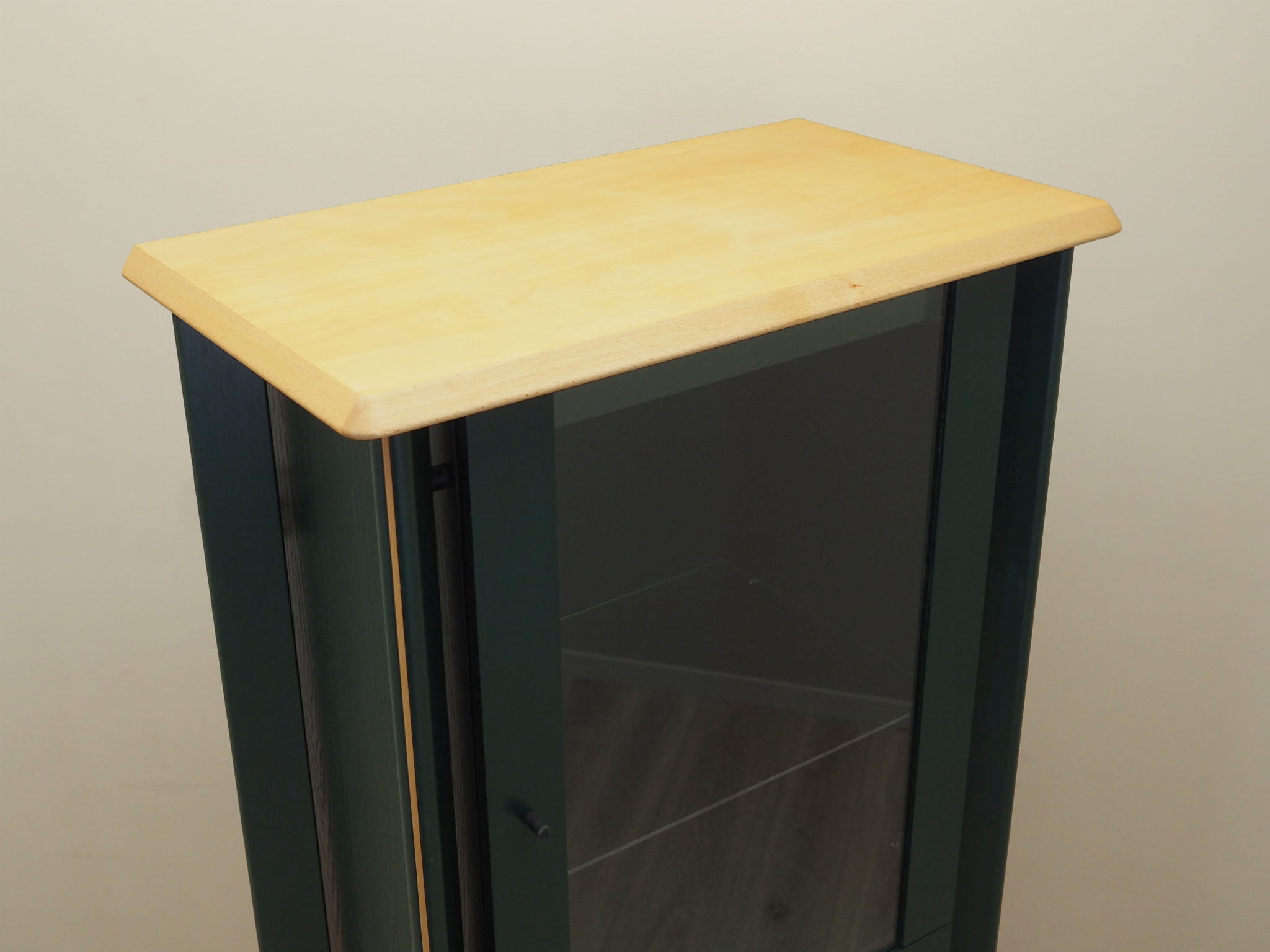 Vintage display cabinet oak wood green 1980s