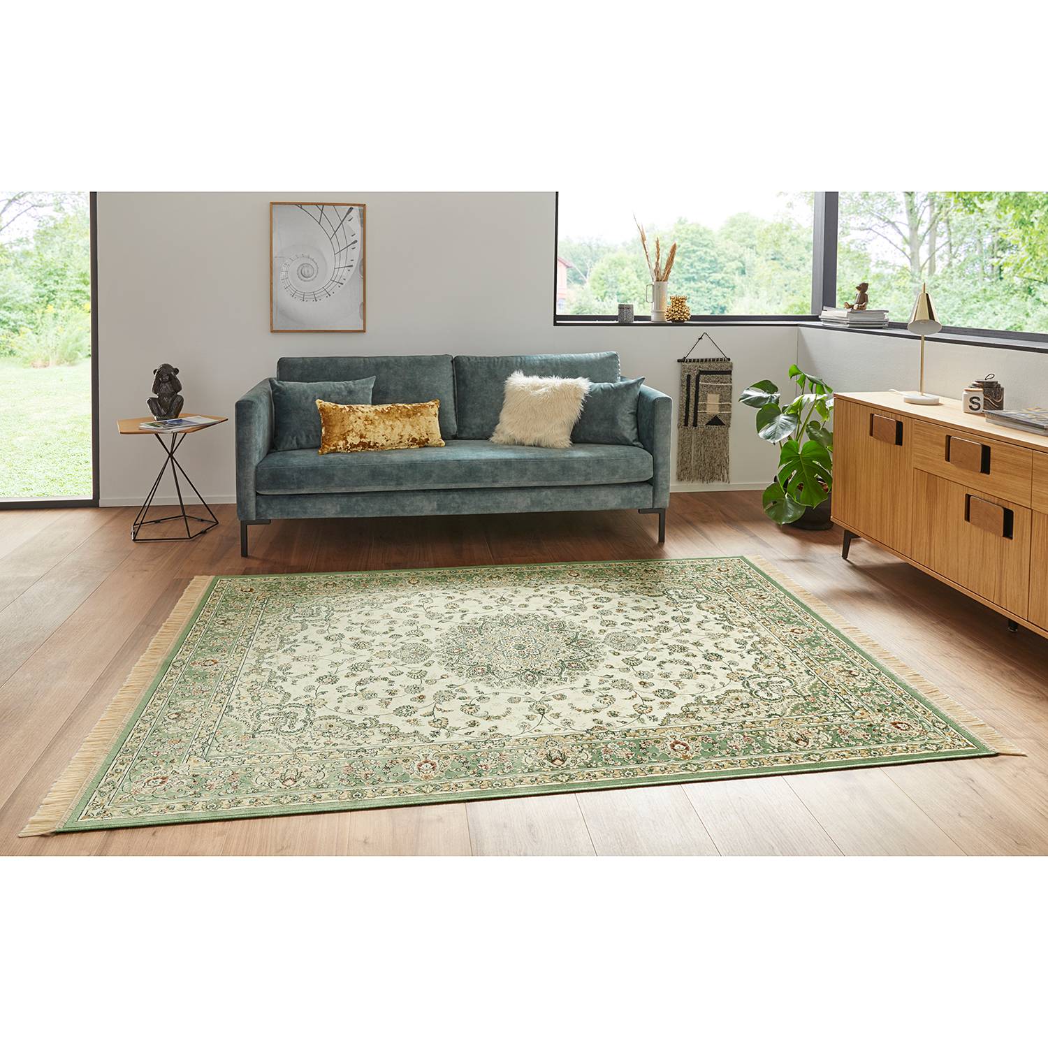 Antik Nain Kurzflorteppich Baumwolle Grün 95 x 140 cm