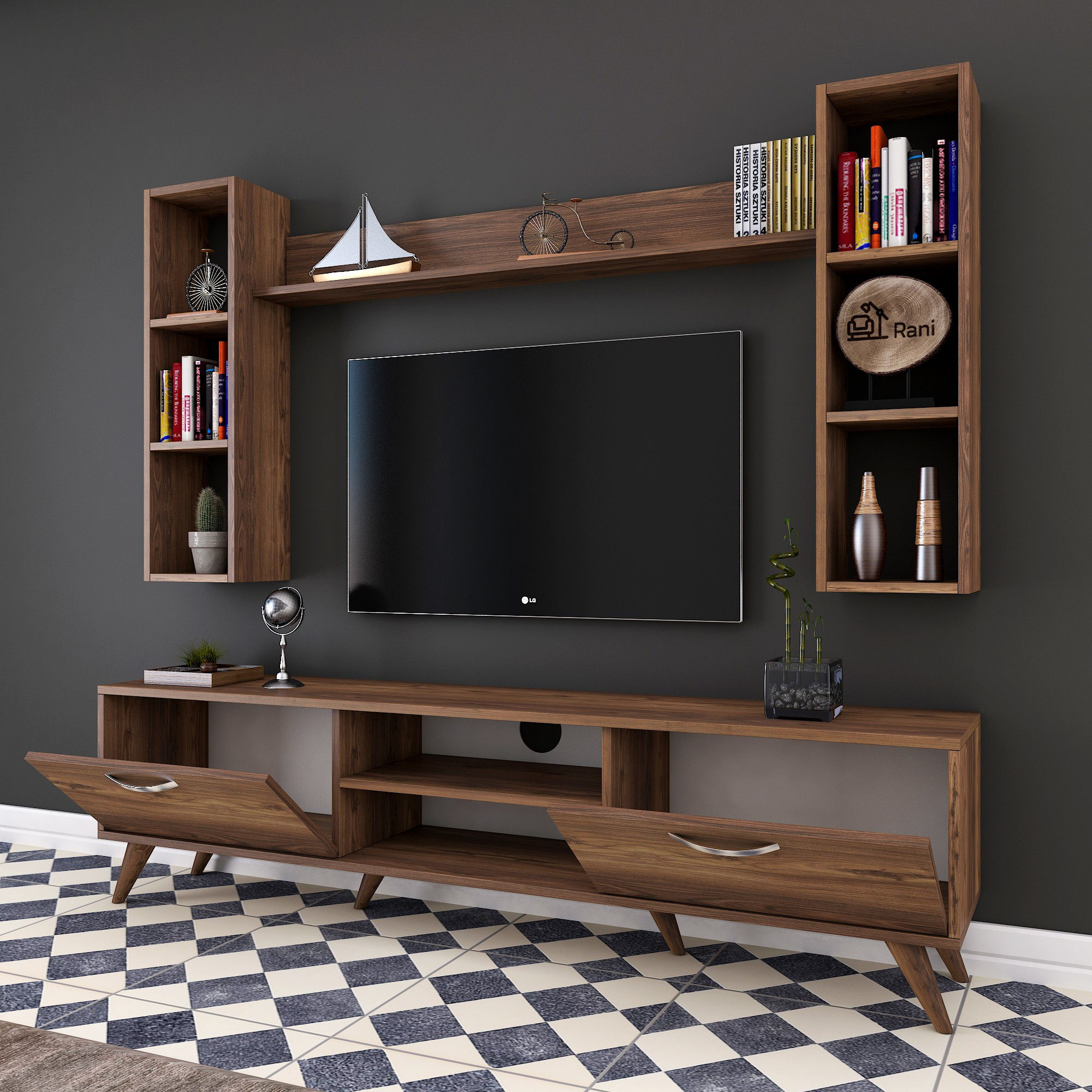 Lowboard with wall shelf walnut brown