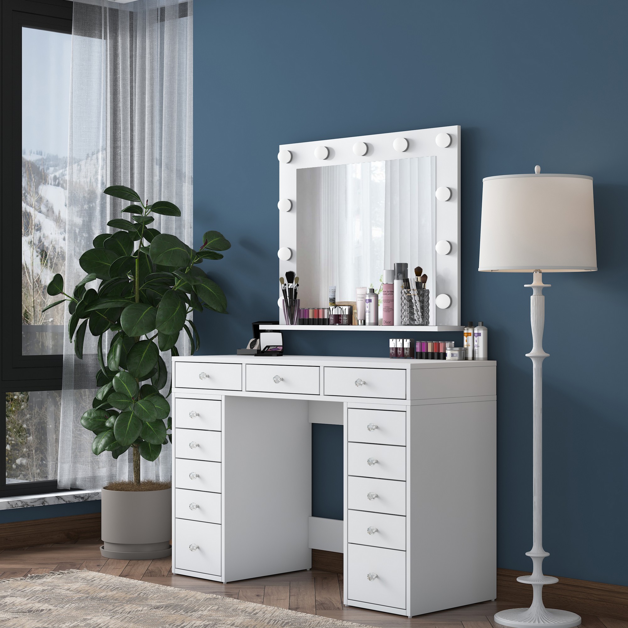 Dressing table with mirror and drawers White