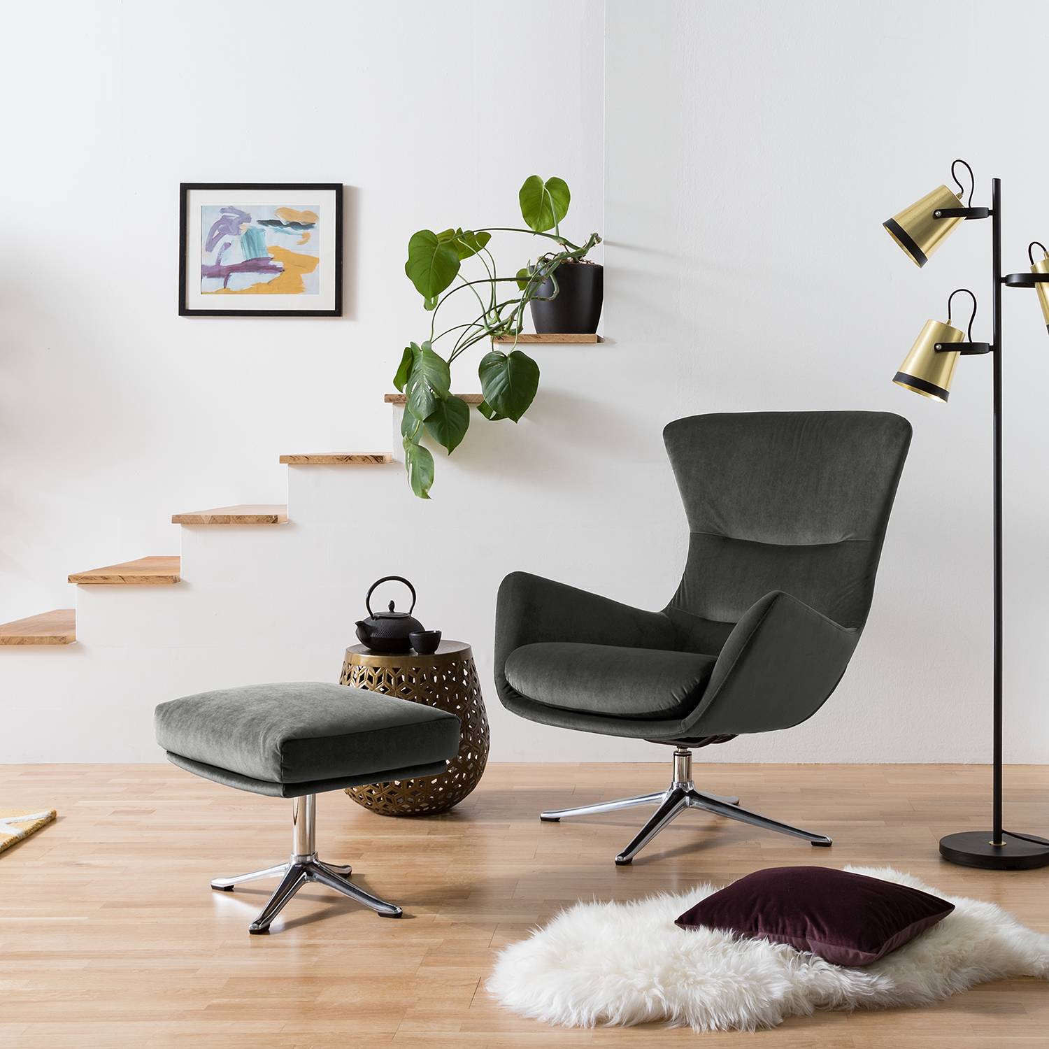 Hocker Hepburn mit Kreuzfuß Samt Rauchgrün