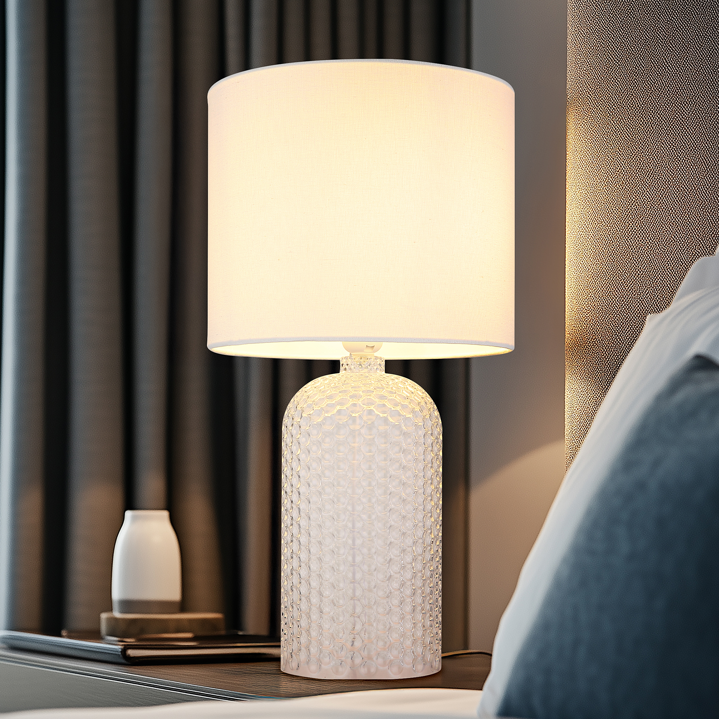 1-Light Sofia Table Lamp Textured Fabric Colored Glass White