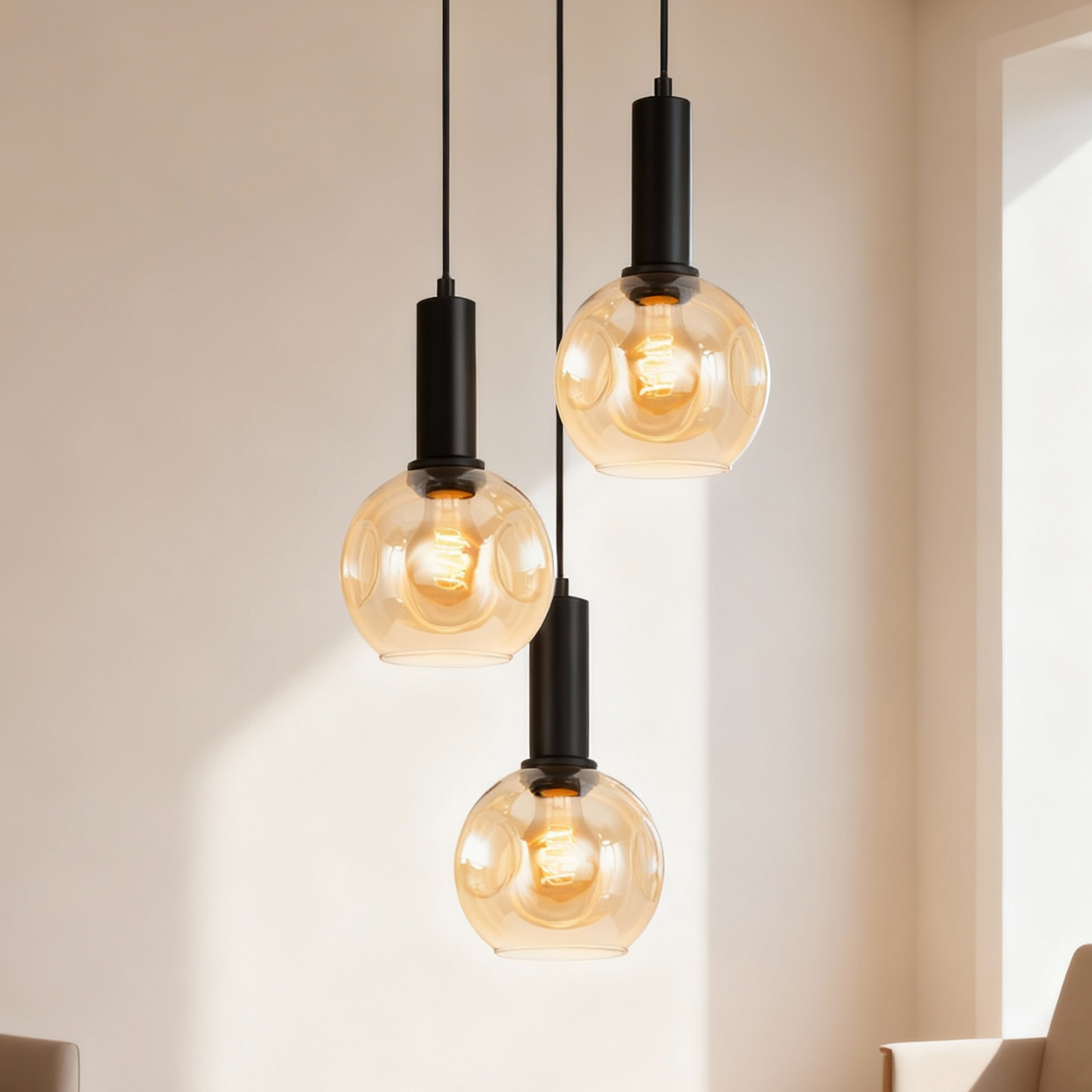 3-Flammig Jervey Pendelleuchte Gusseisen Farbglas Bernstein