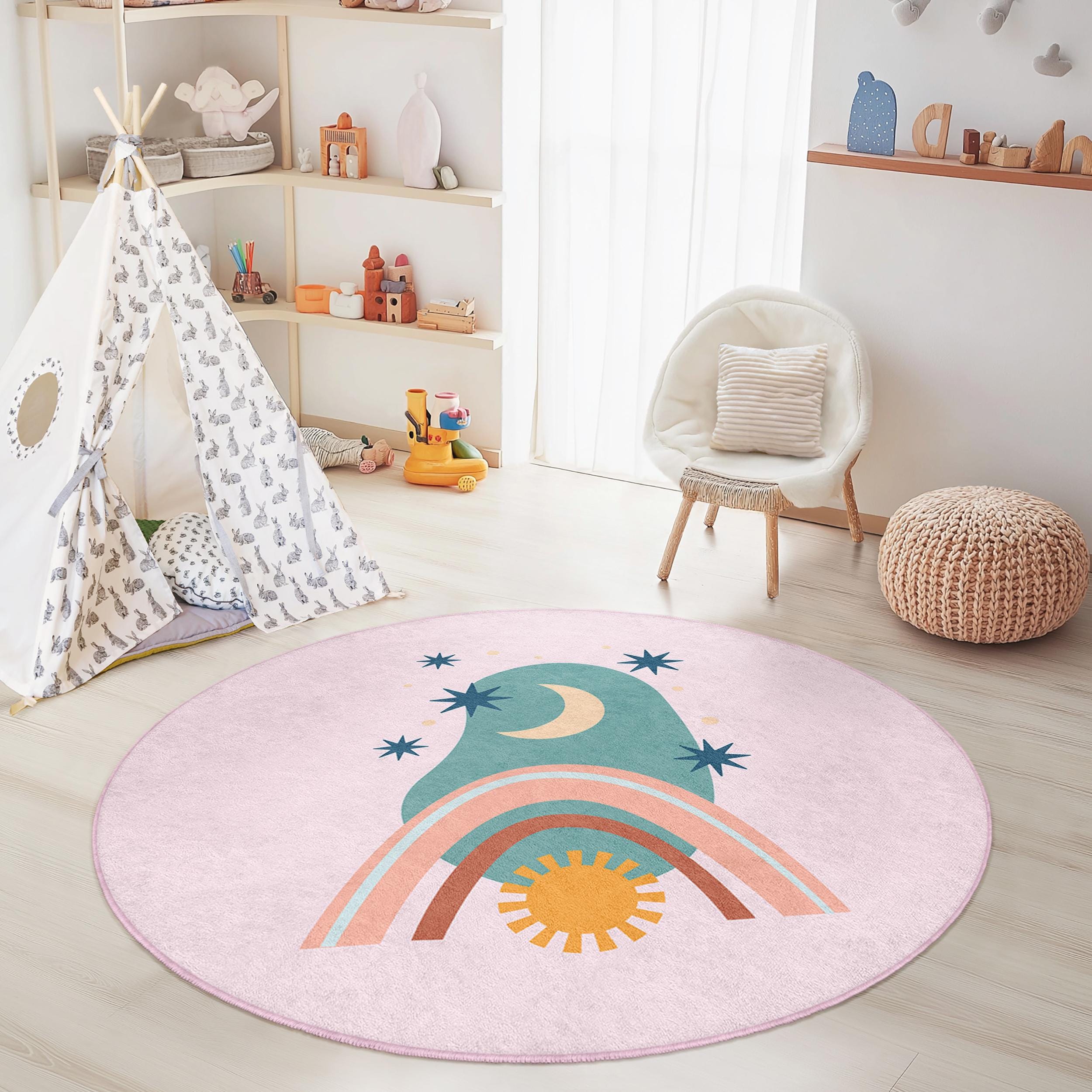 Rainbow and Moon Children's Rug Multicolored Ø120cm
