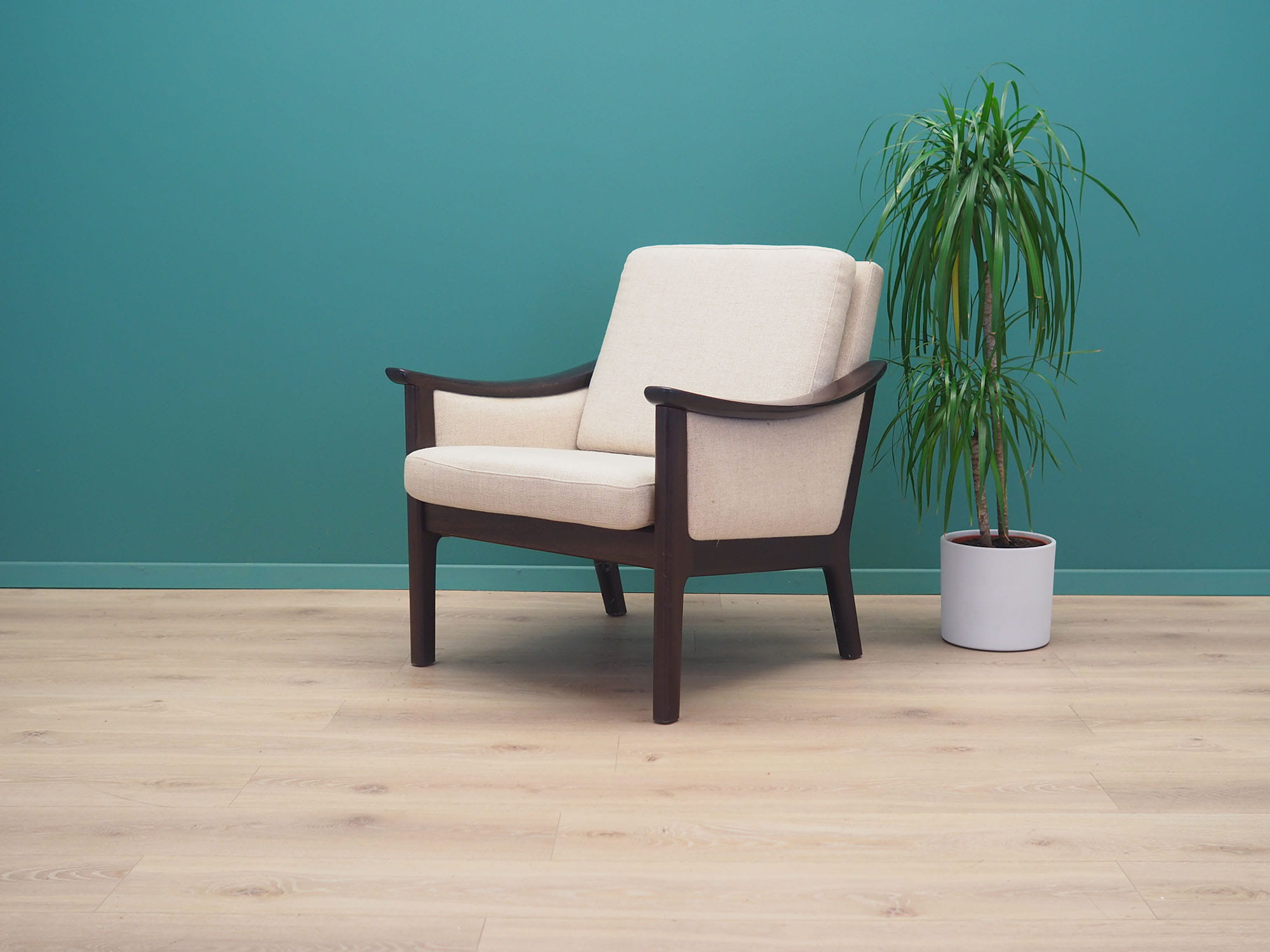 Vintage armchair wood fabric cream 1970s