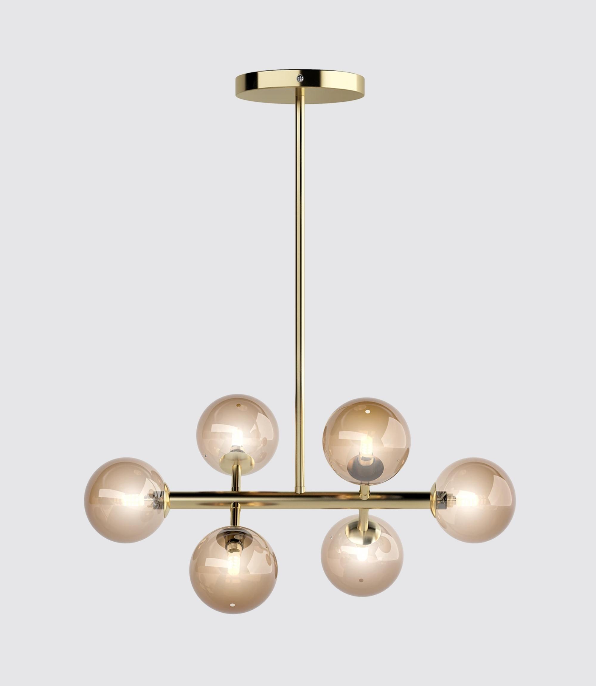 6-flame LED pendant lamp smoked glass gold
